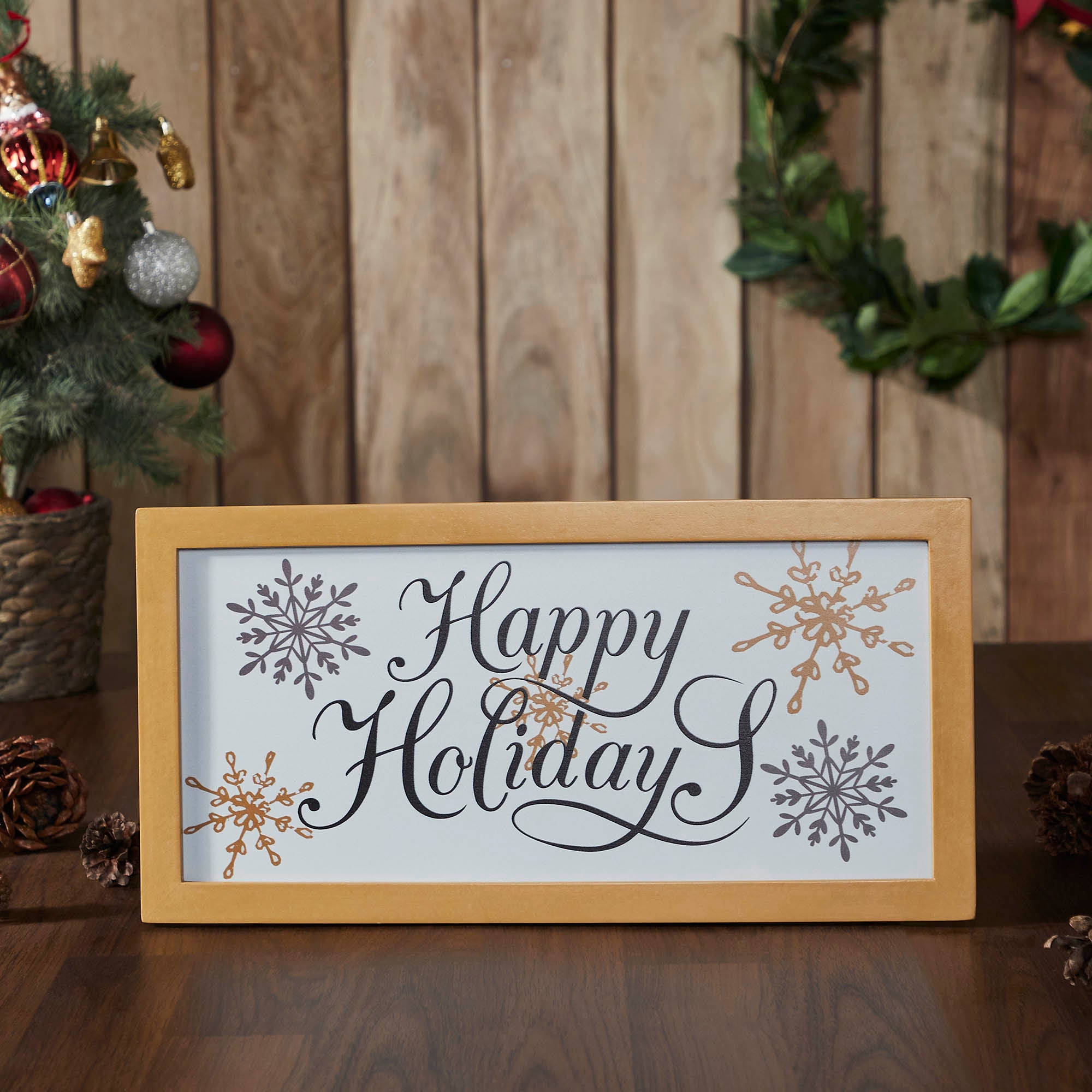 Happy Holidays Snowflakes Framed Wall Hanging Sign 8x16