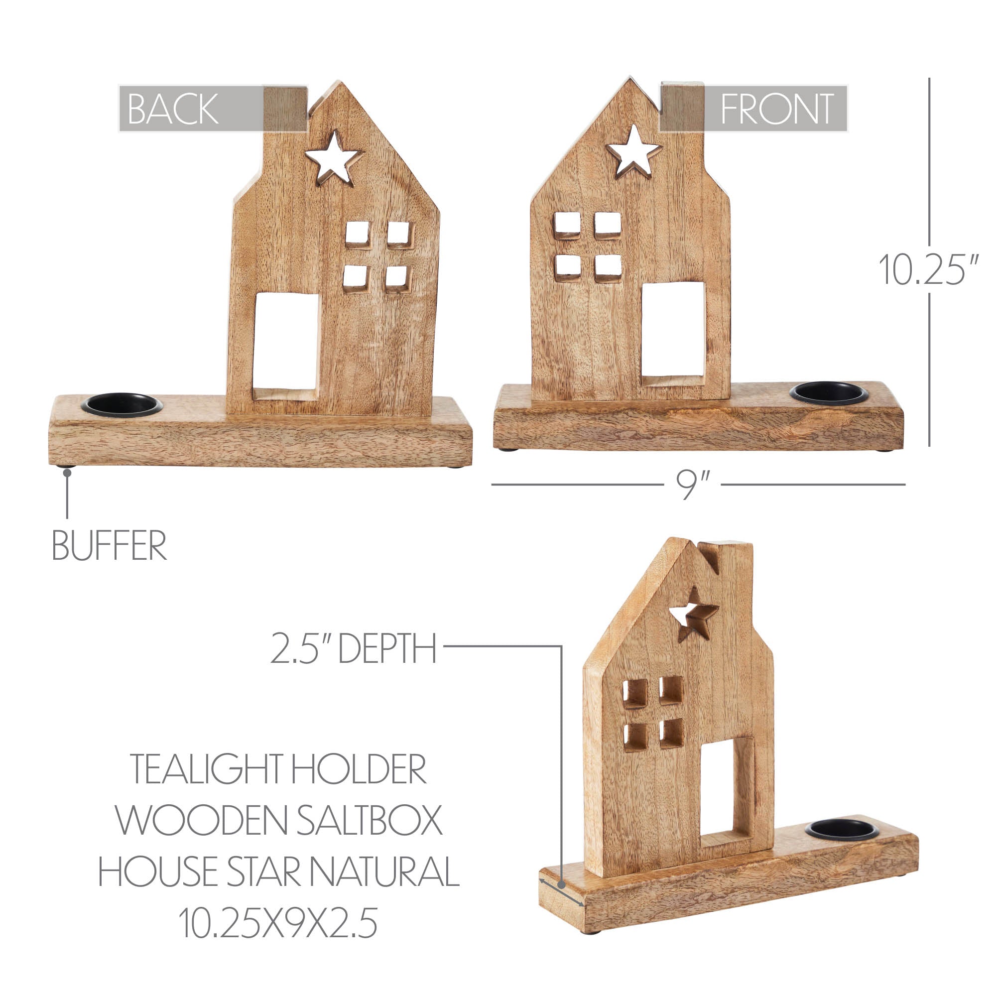 Tealight Holder Wooden Saltbox House w/ Star Natural 10.25x9x2.5
