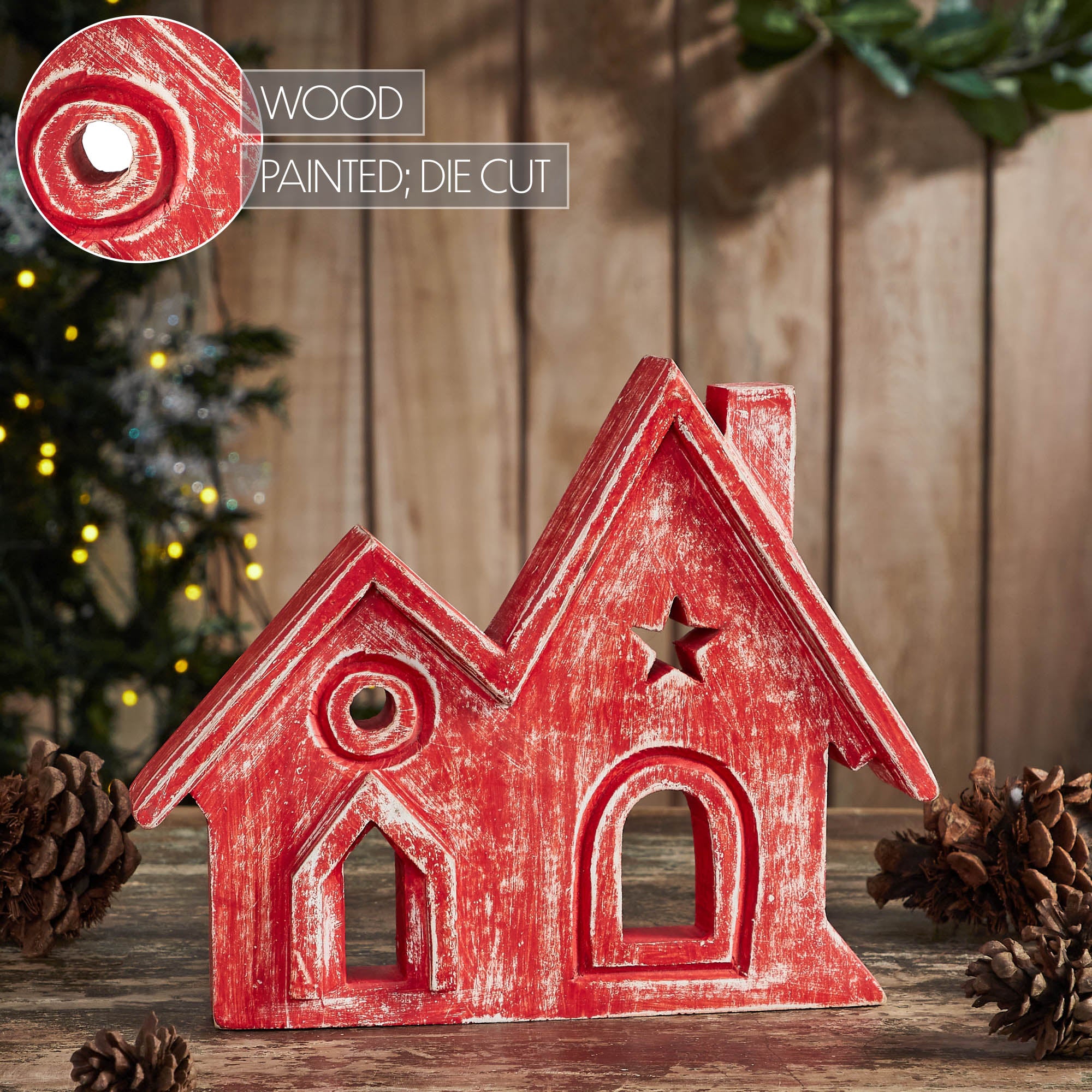 Village Twin House Red w/ Star Wooden Figurine 9.5x7.5x1.5