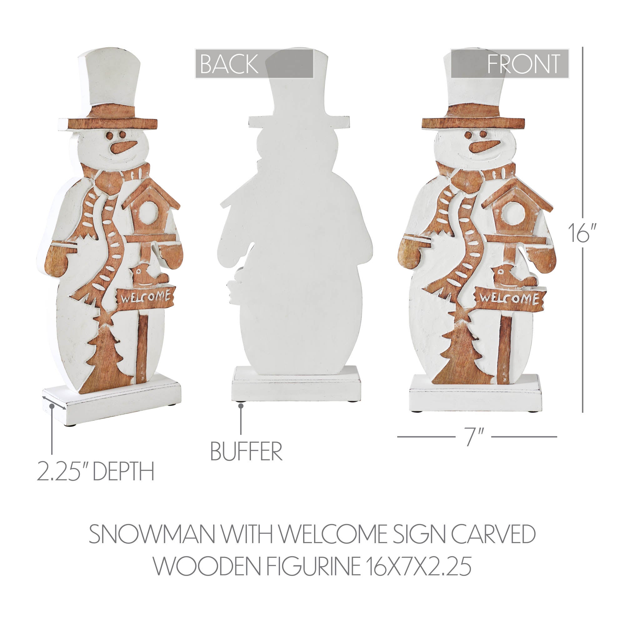 Snowman With Welcome Sign Carved Wooden Figurine 16x7x2.25