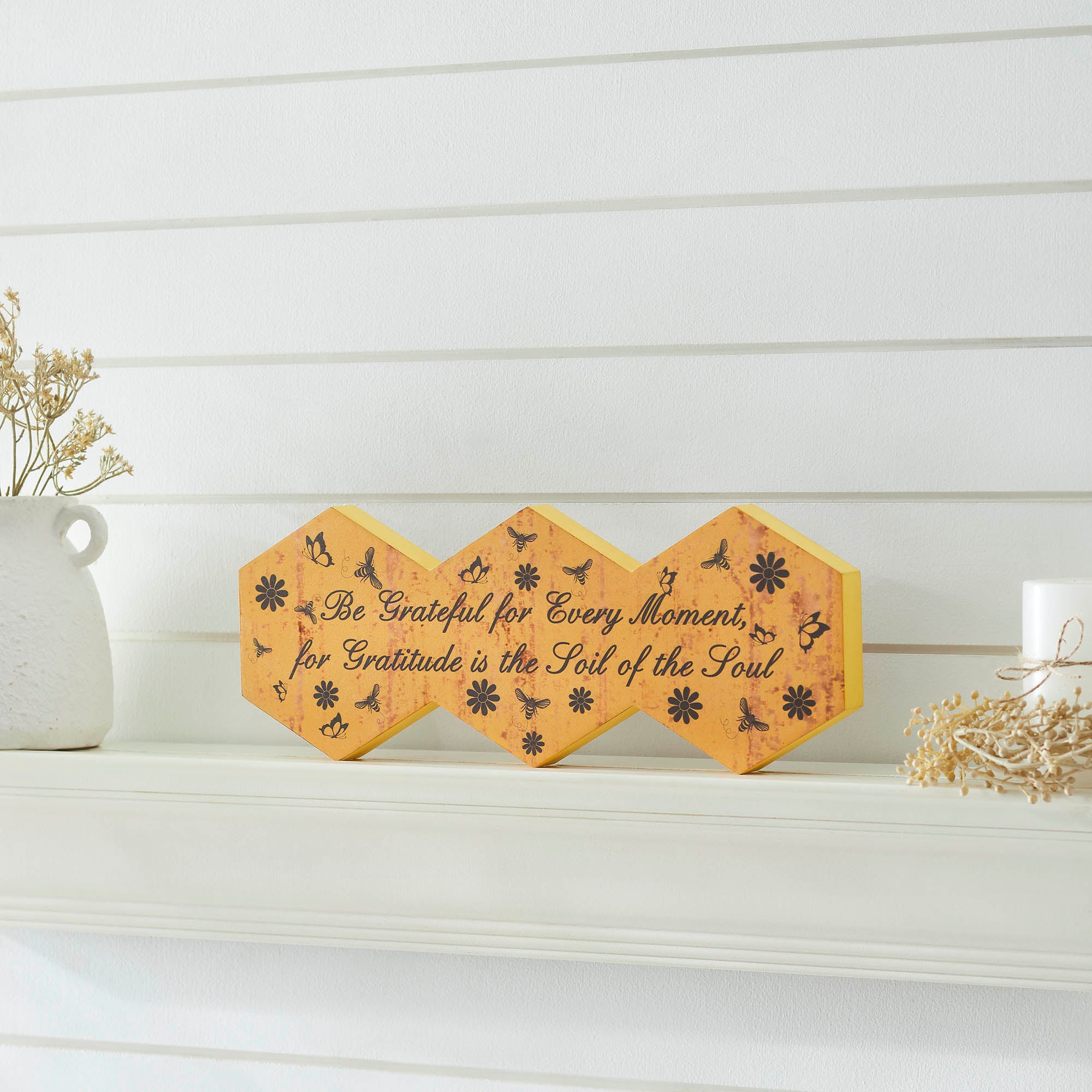 Buzzy Bees Be Grateful for Every Moment Hexagons Wall Sign 5.8x15x1