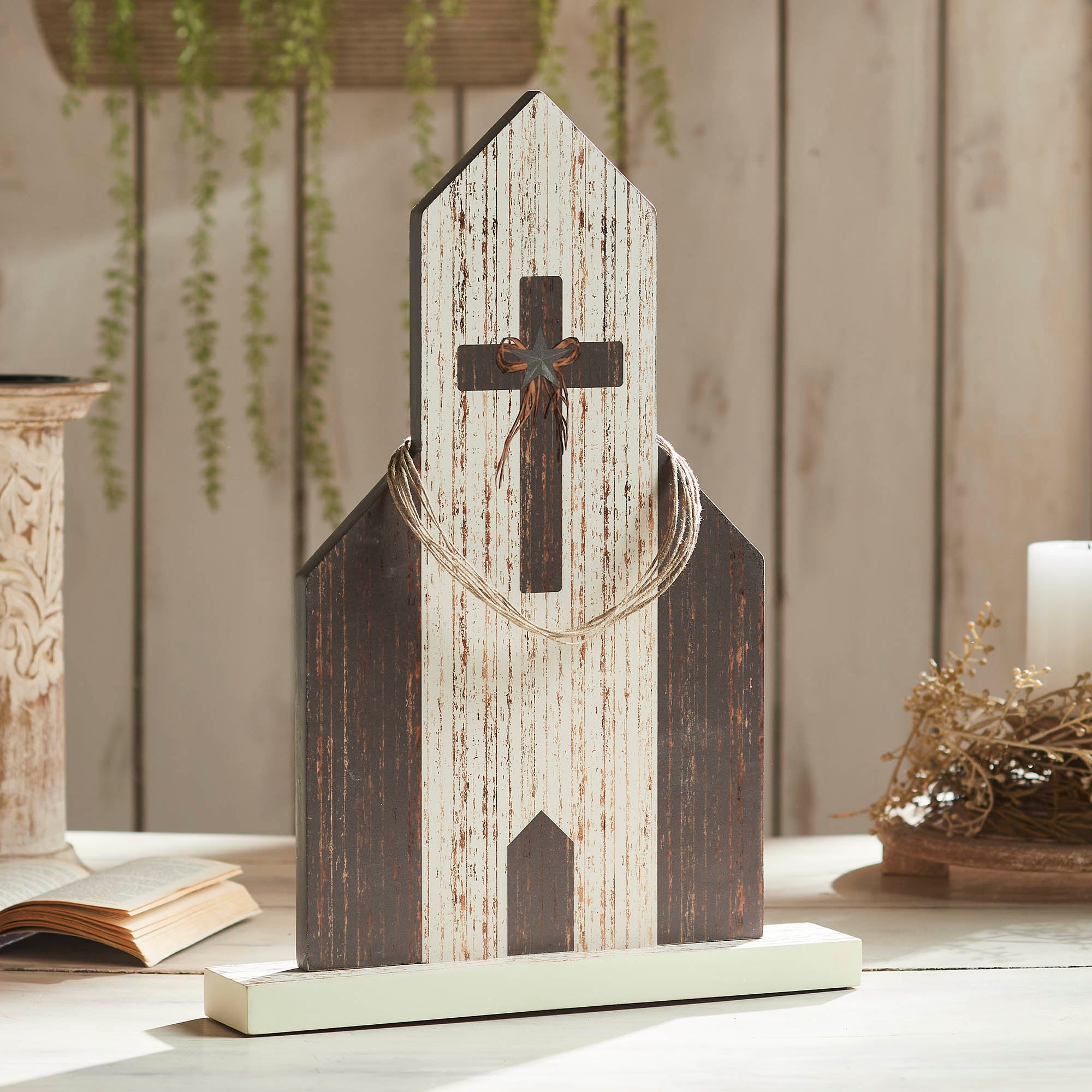 Celebrate Grace Church w/ Cross Star & Jute Twine Coil 18.7x13.75x2.5