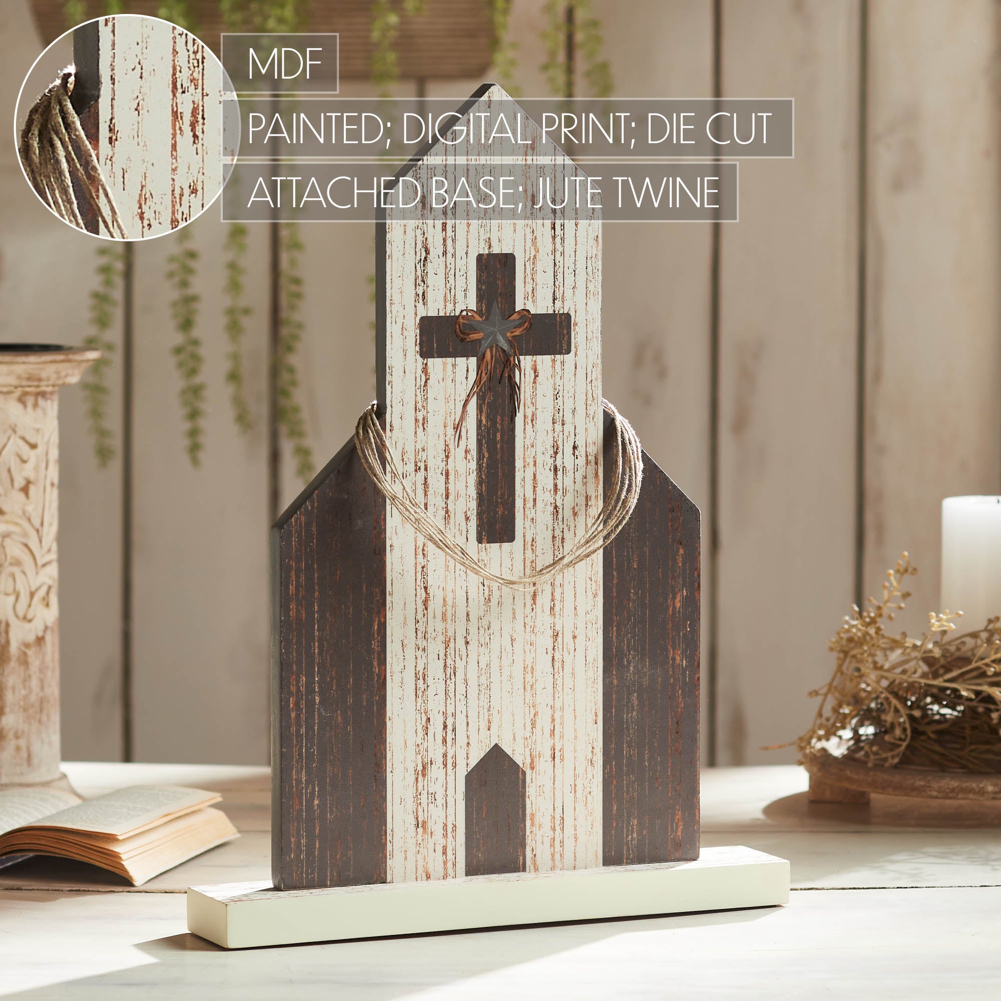 Celebrate Grace Church w/ Cross Star & Jute Twine Coil 18.7x13.75x2.5