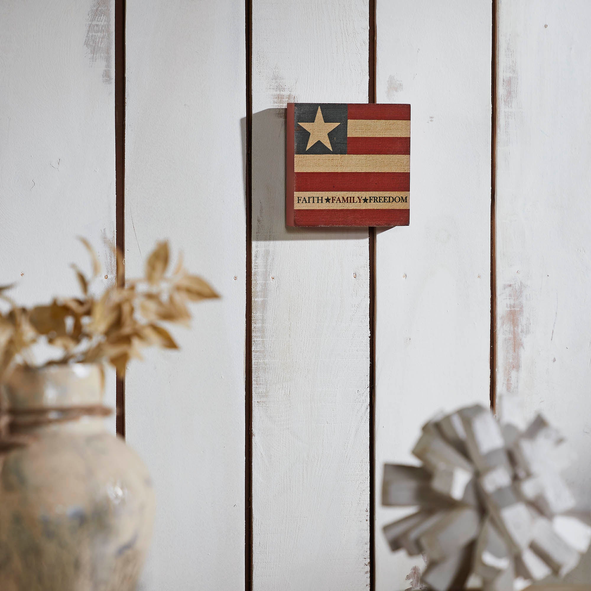 Faith Family Freedom on Flag Block Sign 5x5x1