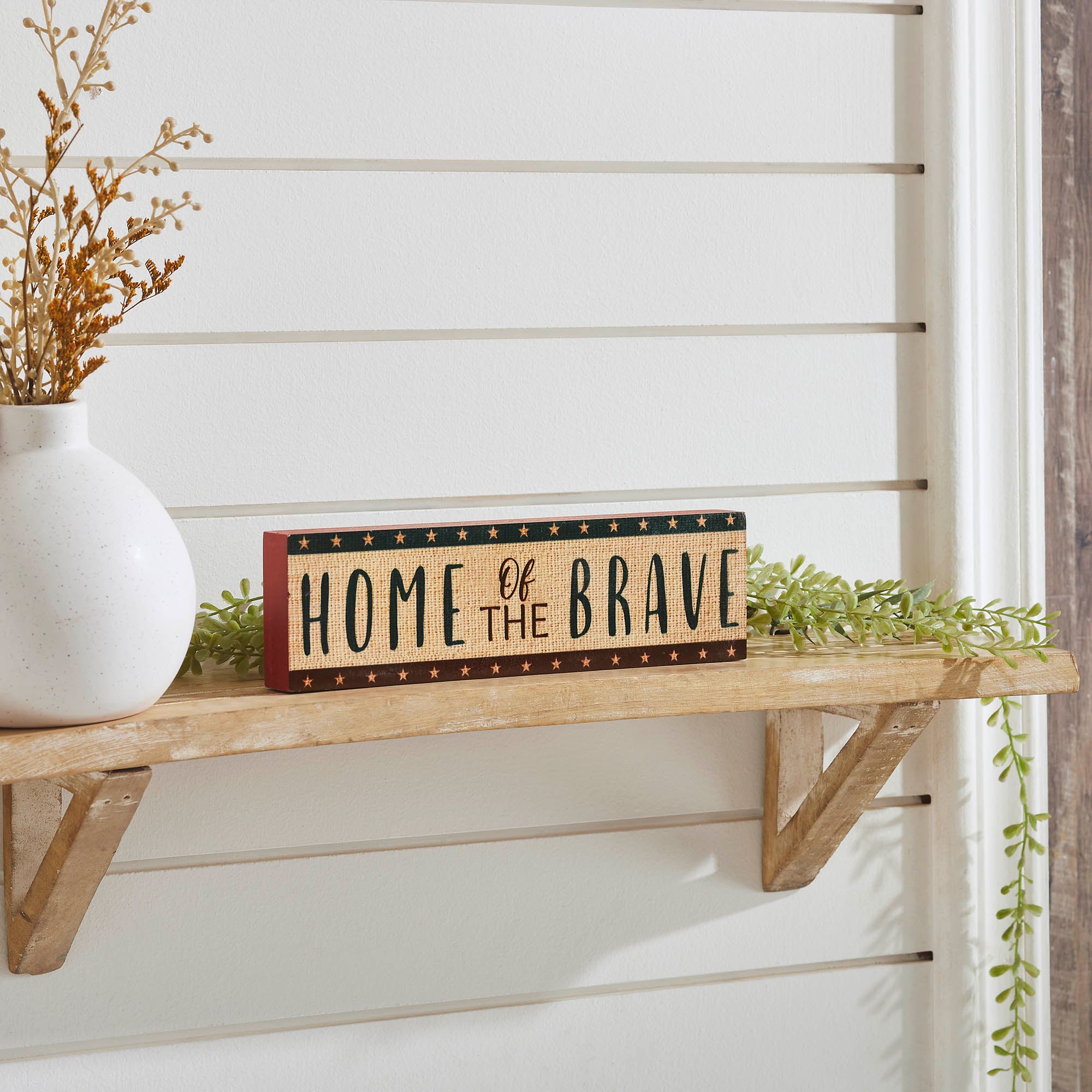 Home Of The Brave w/ Red Blue Star Stripes Block Sign 3x10x1