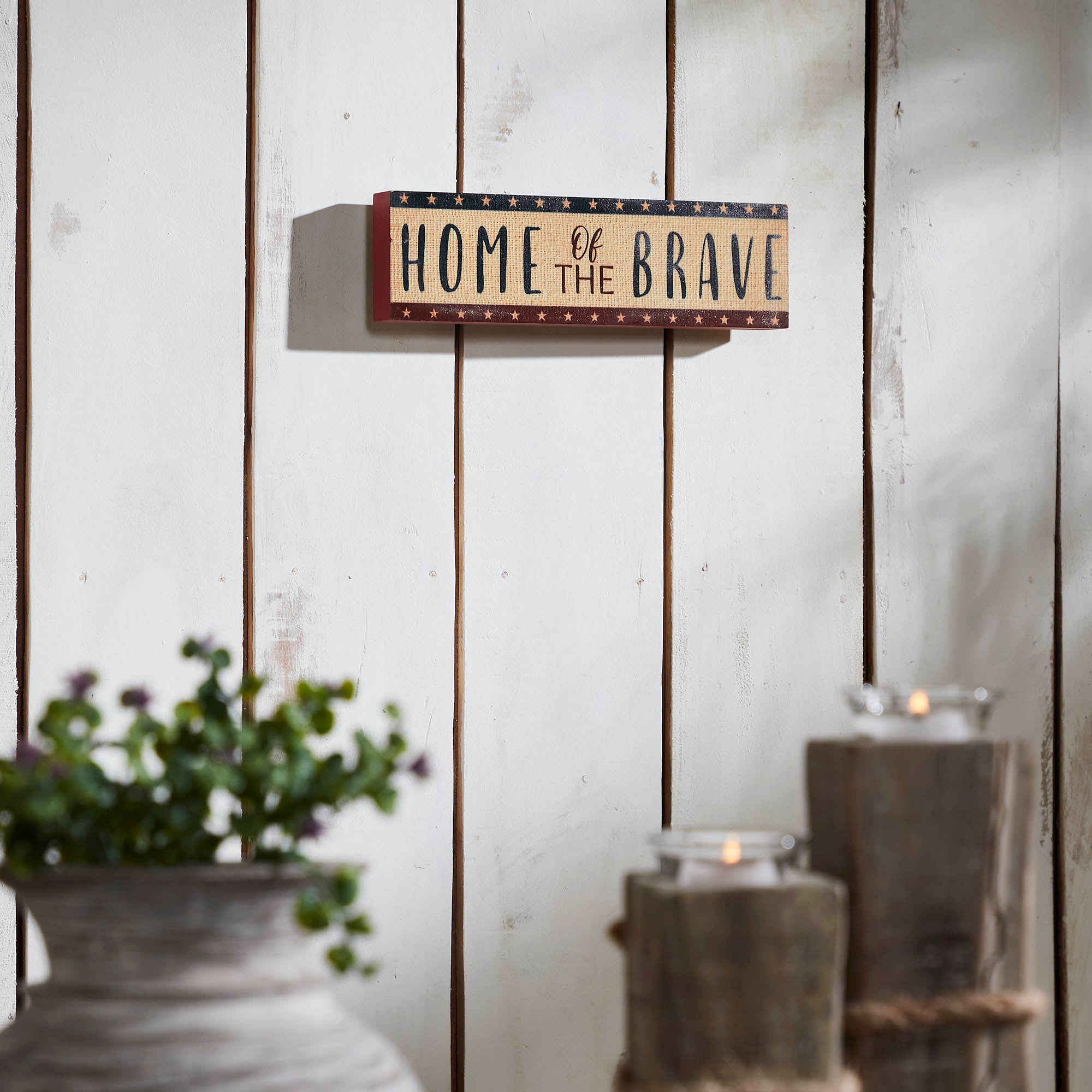 Home Of The Brave w/ Red Blue Star Stripes Block Sign 3x10x1