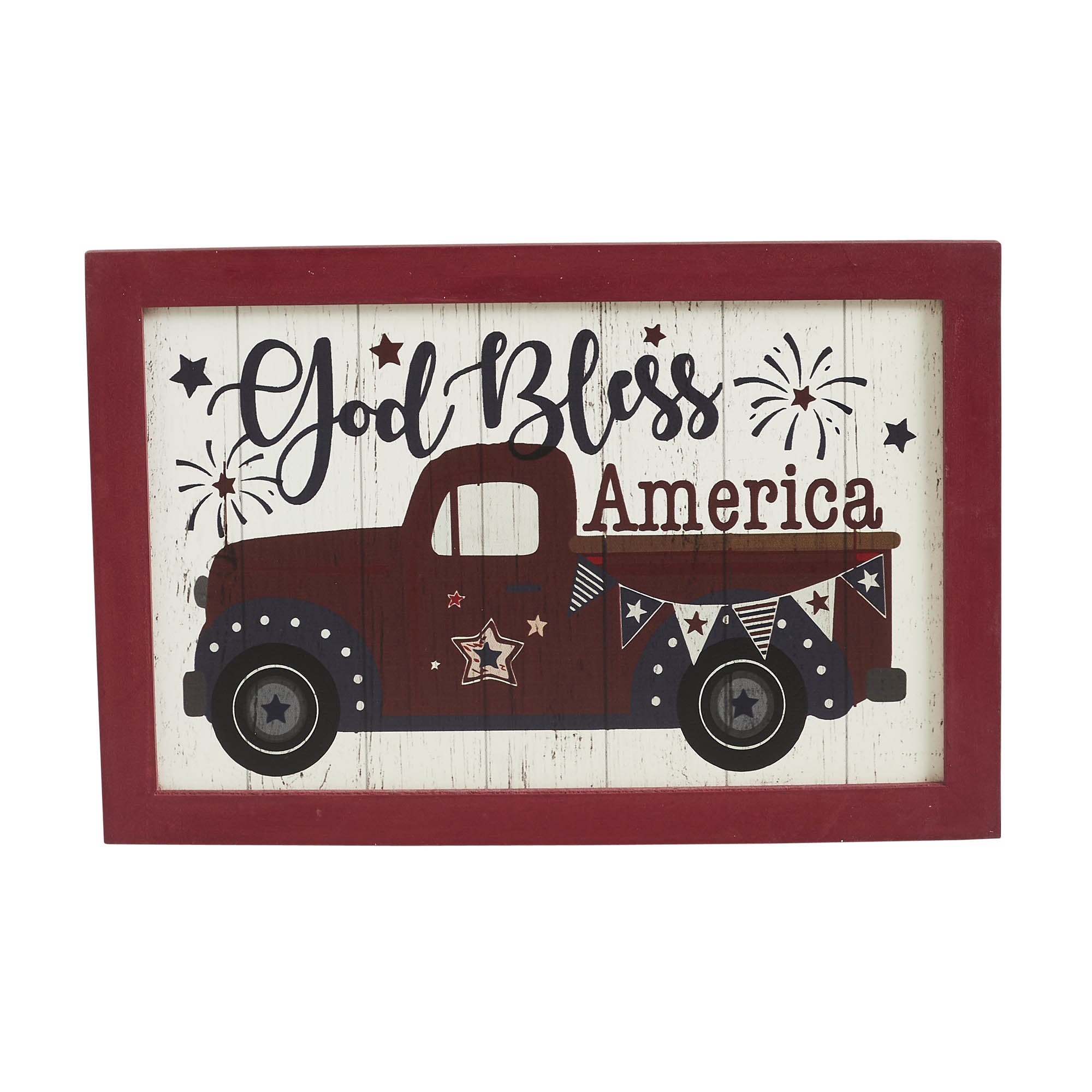 Shiplap God Bless America Red Truck Bunting & Fireworks Wall Sign 8x12