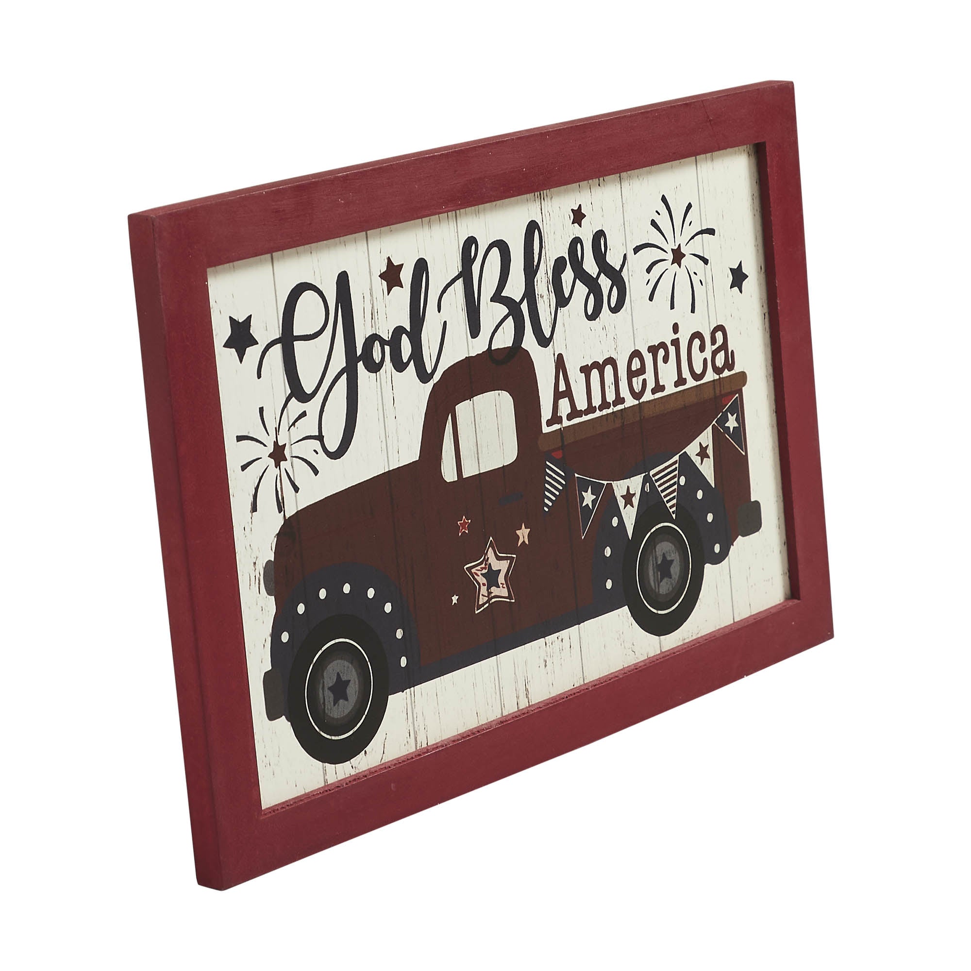 Shiplap God Bless America Red Truck Bunting & Fireworks Wall Sign 8x12