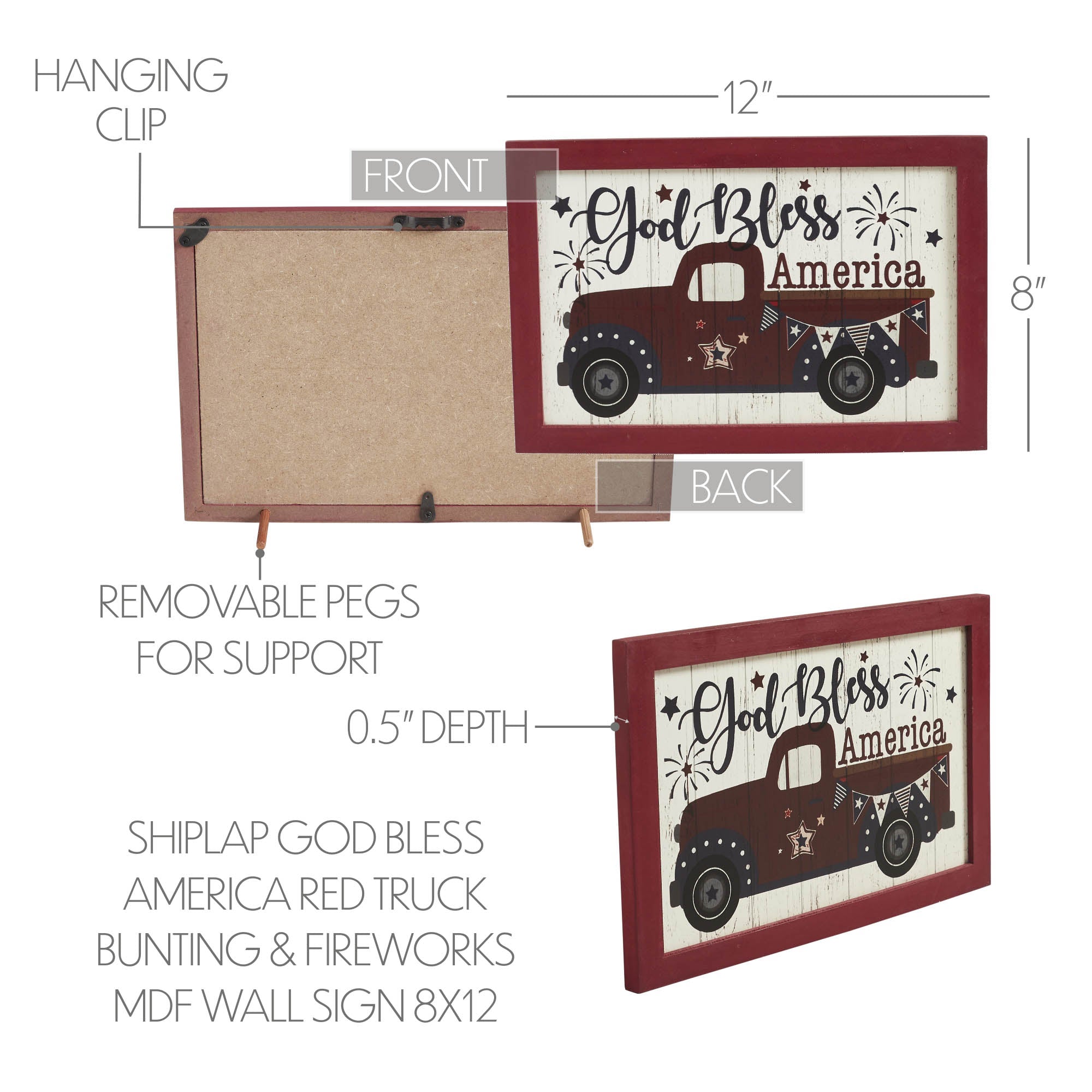Shiplap God Bless America Red Truck Bunting & Fireworks Wall Sign 8x12