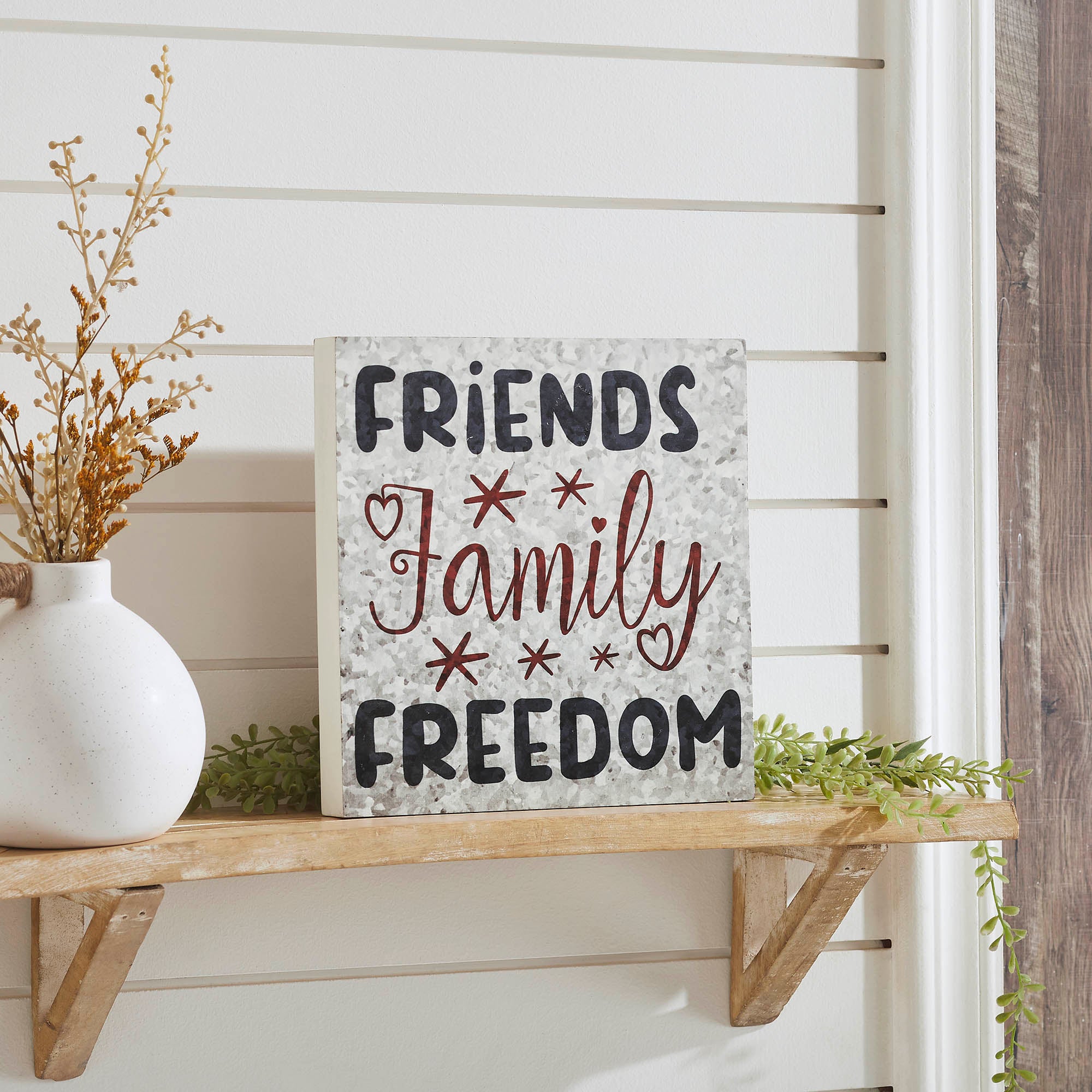 Friends Family Freedom On Galvanized Metal Print Block Sign 10x10x1