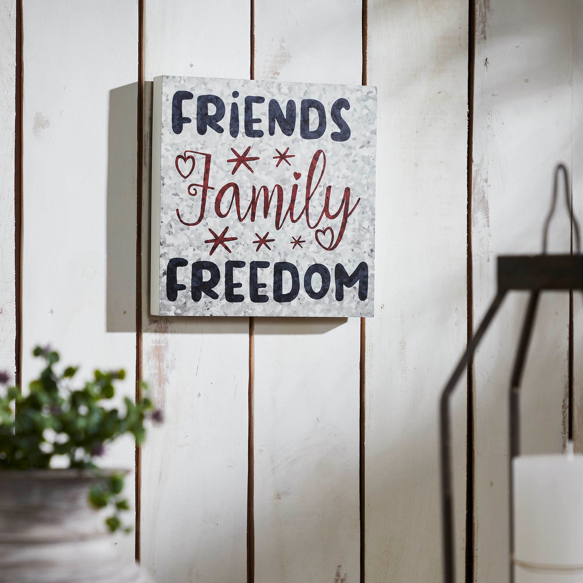 Friends Family Freedom On Galvanized Metal Print Block Sign 10x10x1