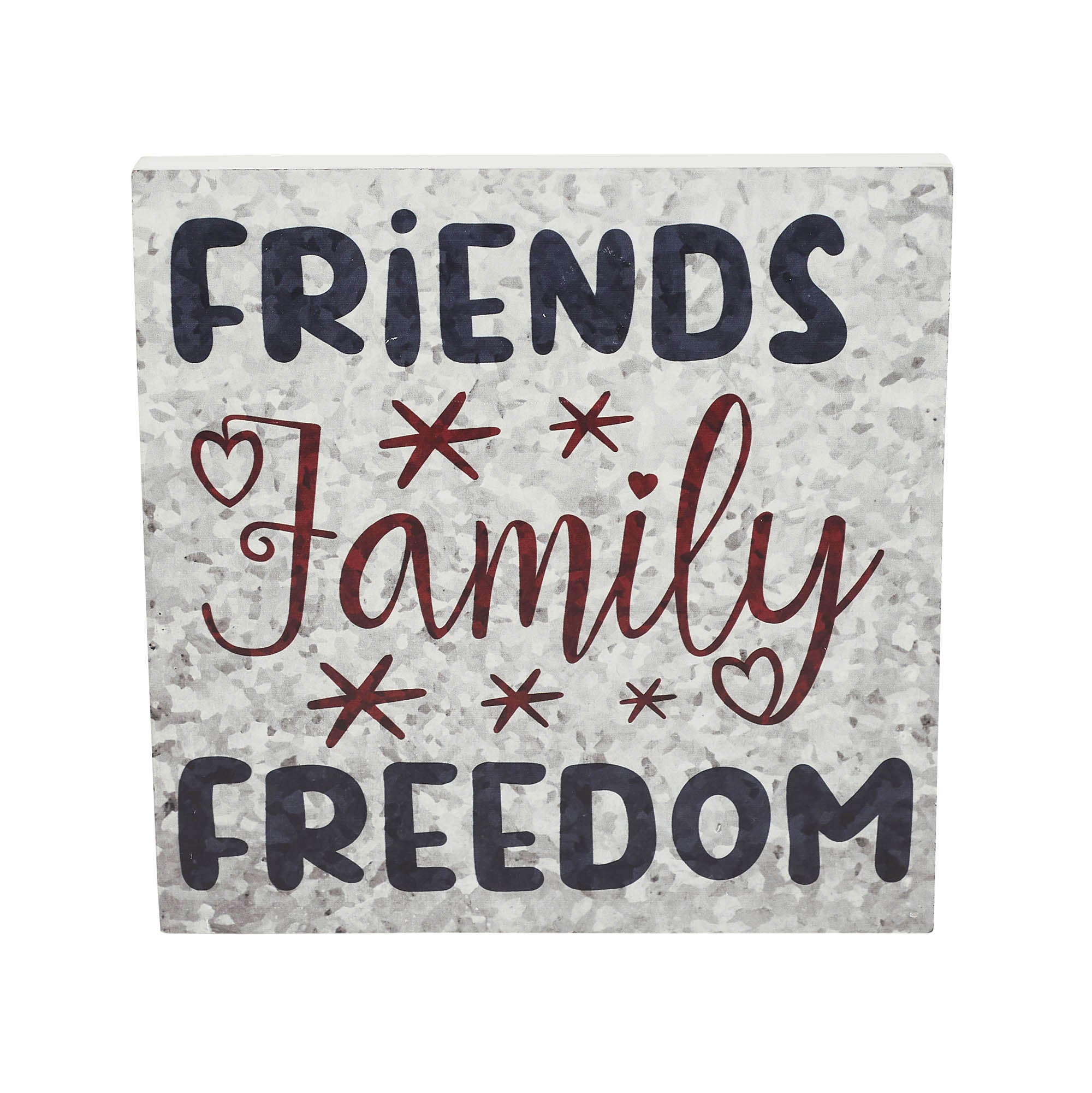 Friends Family Freedom On Galvanized Metal Print Block Sign 10x10x1