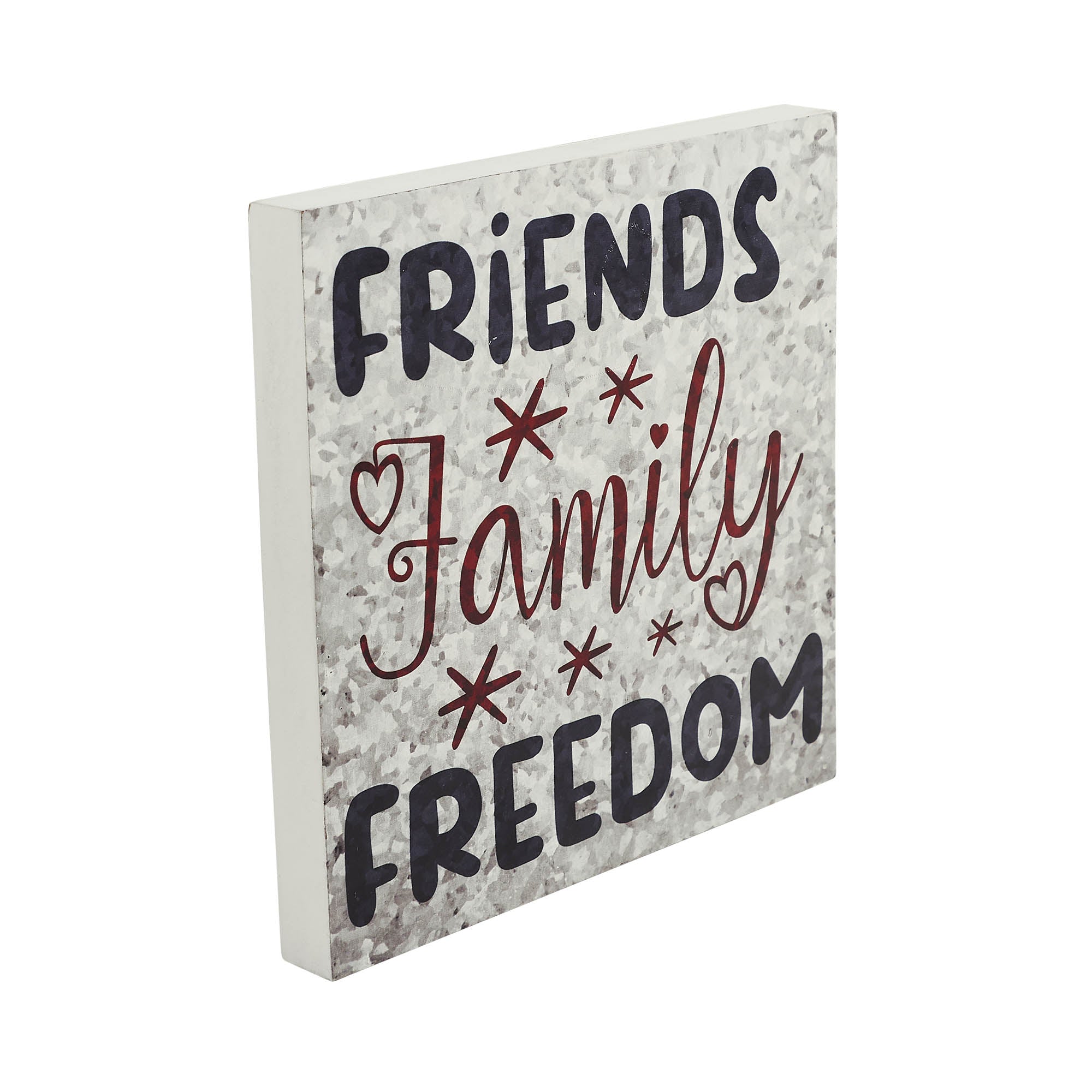 Friends Family Freedom On Galvanized Metal Print Block Sign 10x10x1