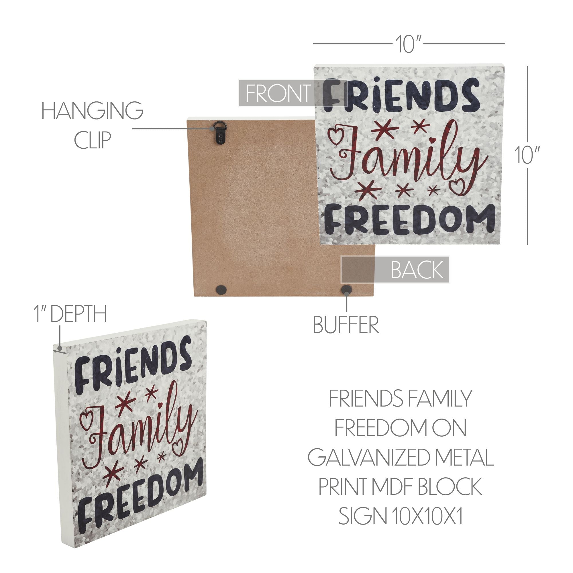 Friends Family Freedom On Galvanized Metal Print Block Sign 10x10x1