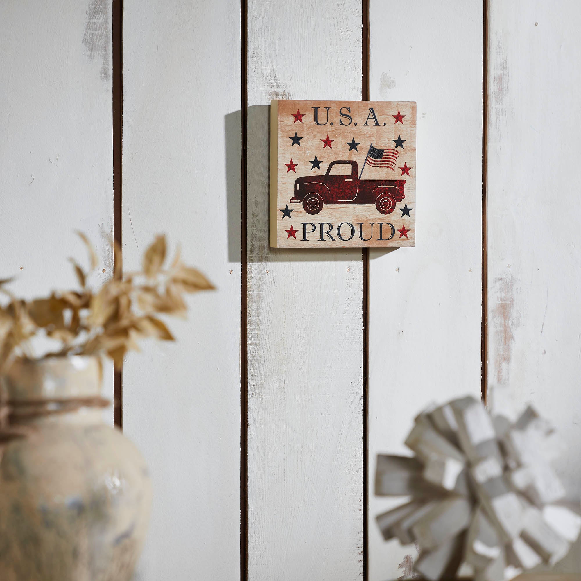 My Country USA Proud Red Truck w/ Red & Blue Stars Block Sign 6x6x1