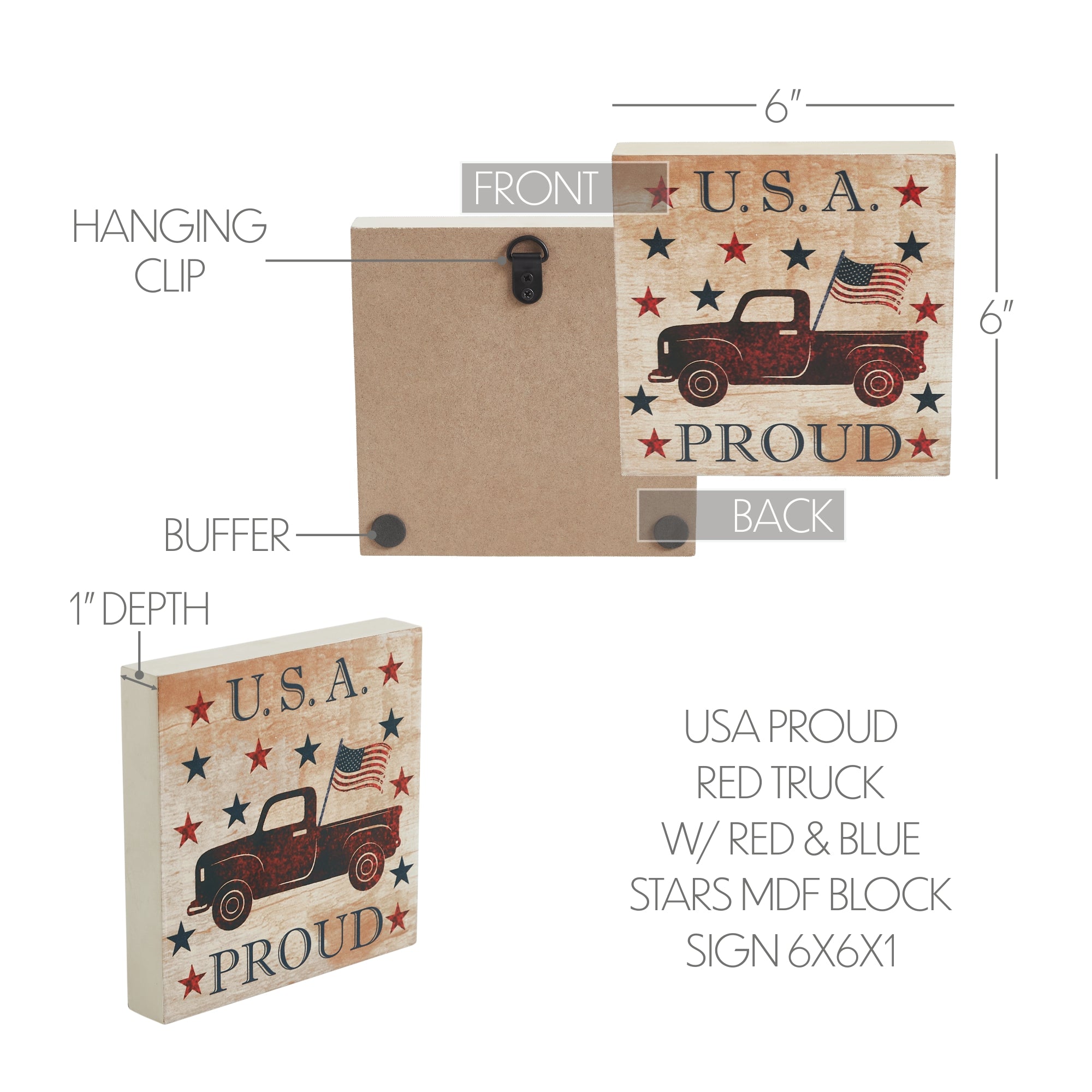 My Country USA Proud Red Truck w/ Red & Blue Stars Block Sign 6x6x1