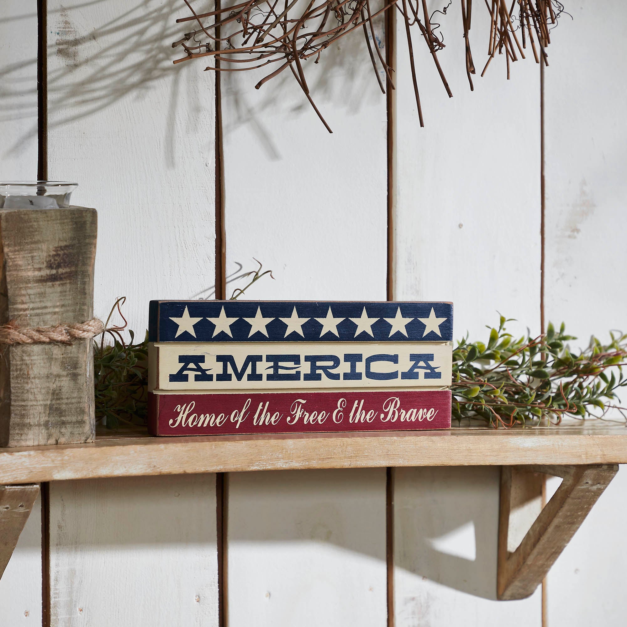 AMERICA Home Of The Free And The Brave w/ White Stars On Blue Stripe Sign 3.5x9