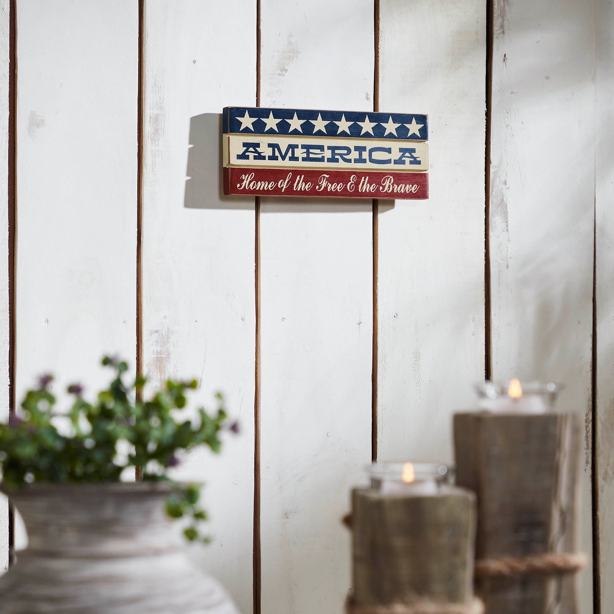 AMERICA Home Of The Free And The Brave w/ White Stars On Blue Stripe Sign 3.5x9