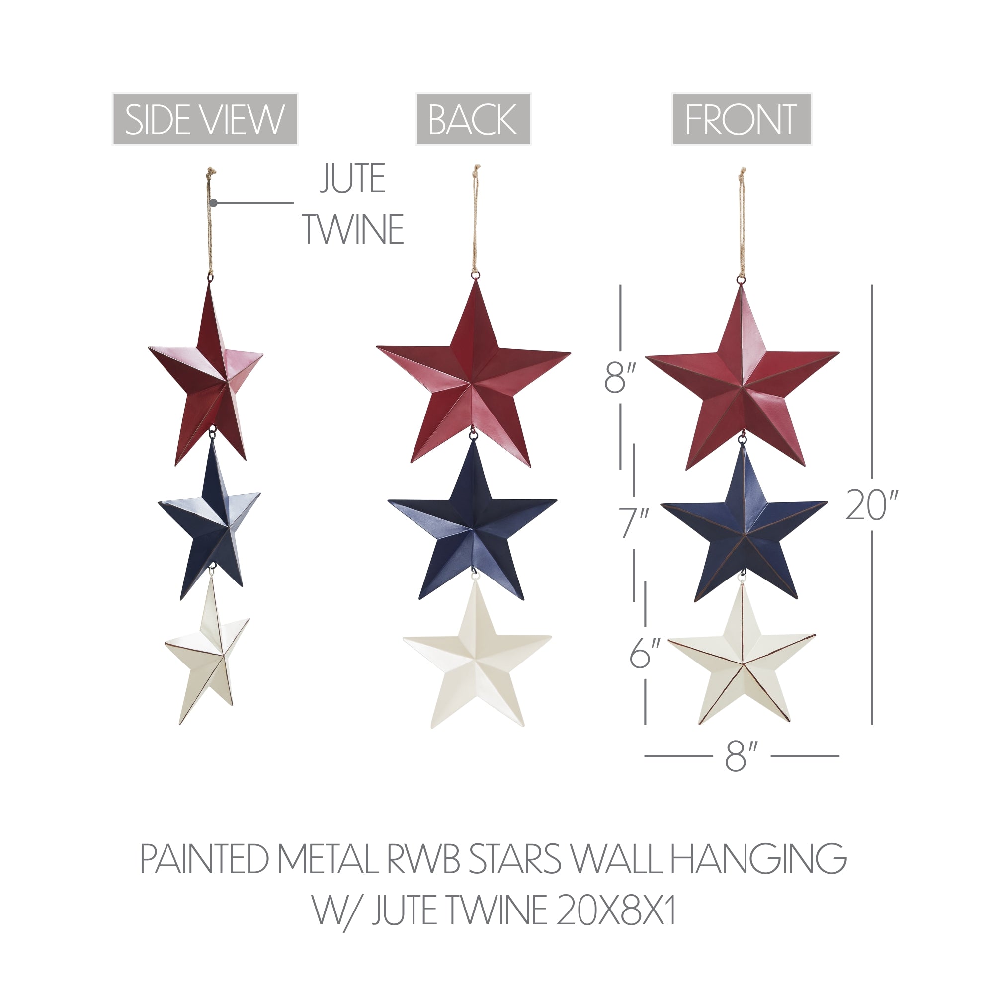 Painted Metal RWB Stars Wall Hanging w/ Jute Twine 20x8x1