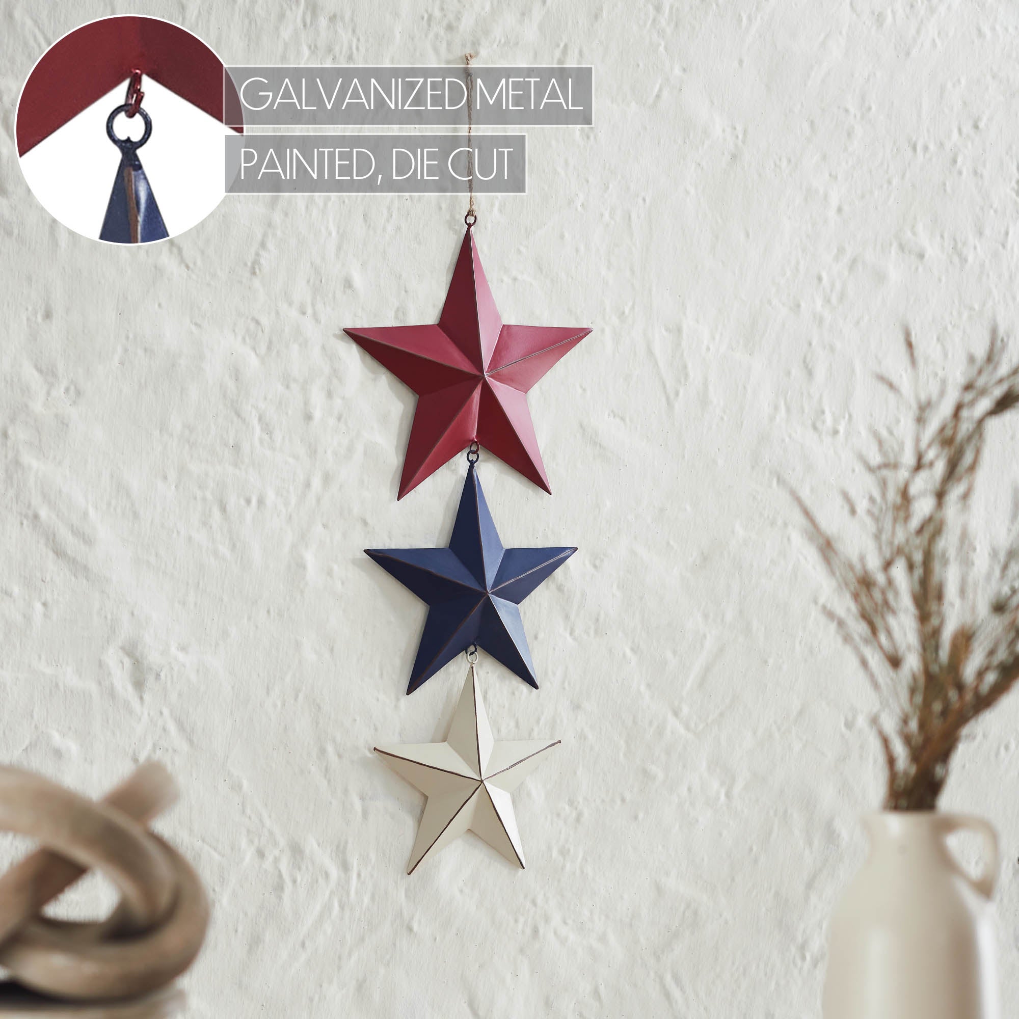 Painted Metal RWB Stars Wall Hanging w/ Jute Twine 20x8x1