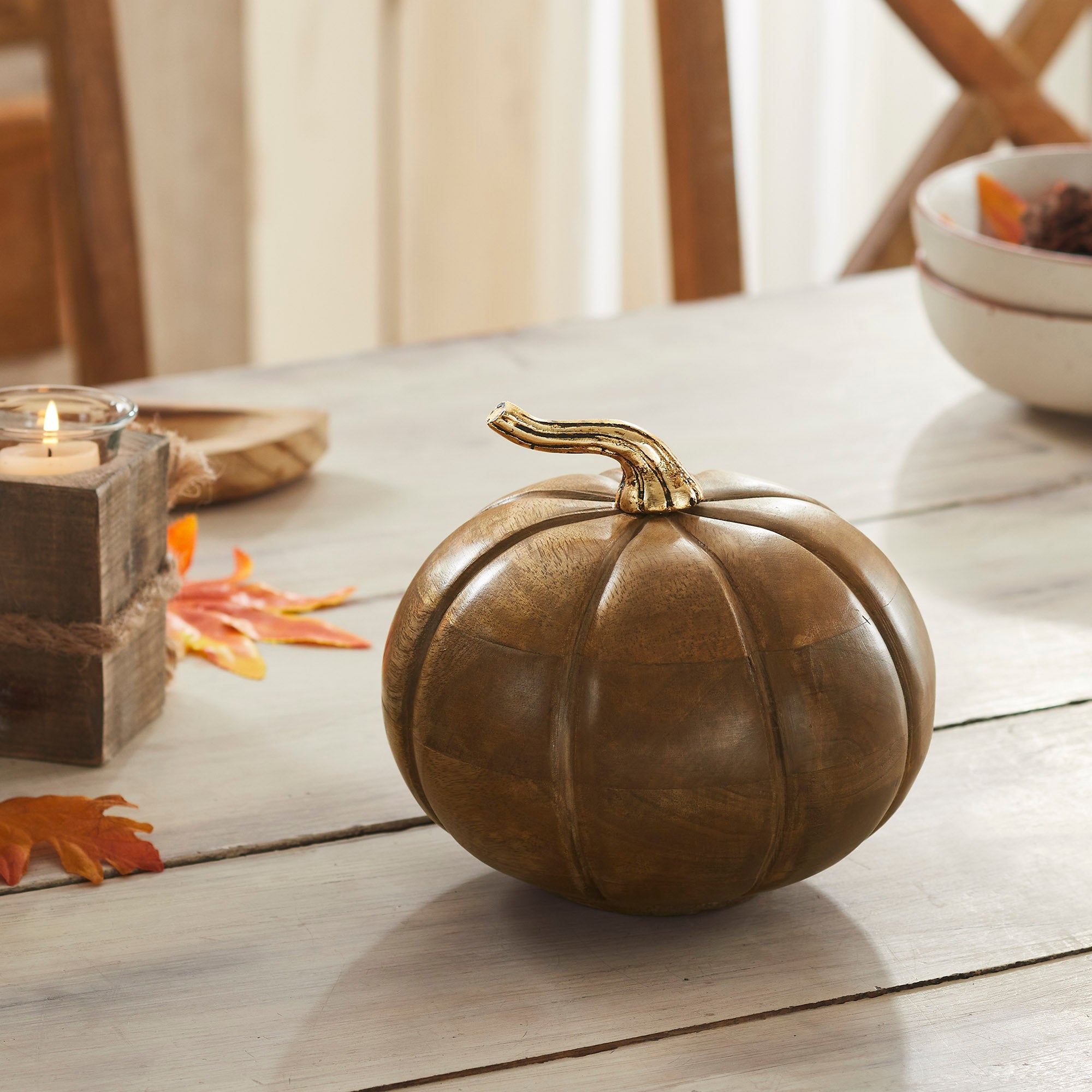 Heirloom Wooden Pumpkin Walnut Brown 6.5x7x7