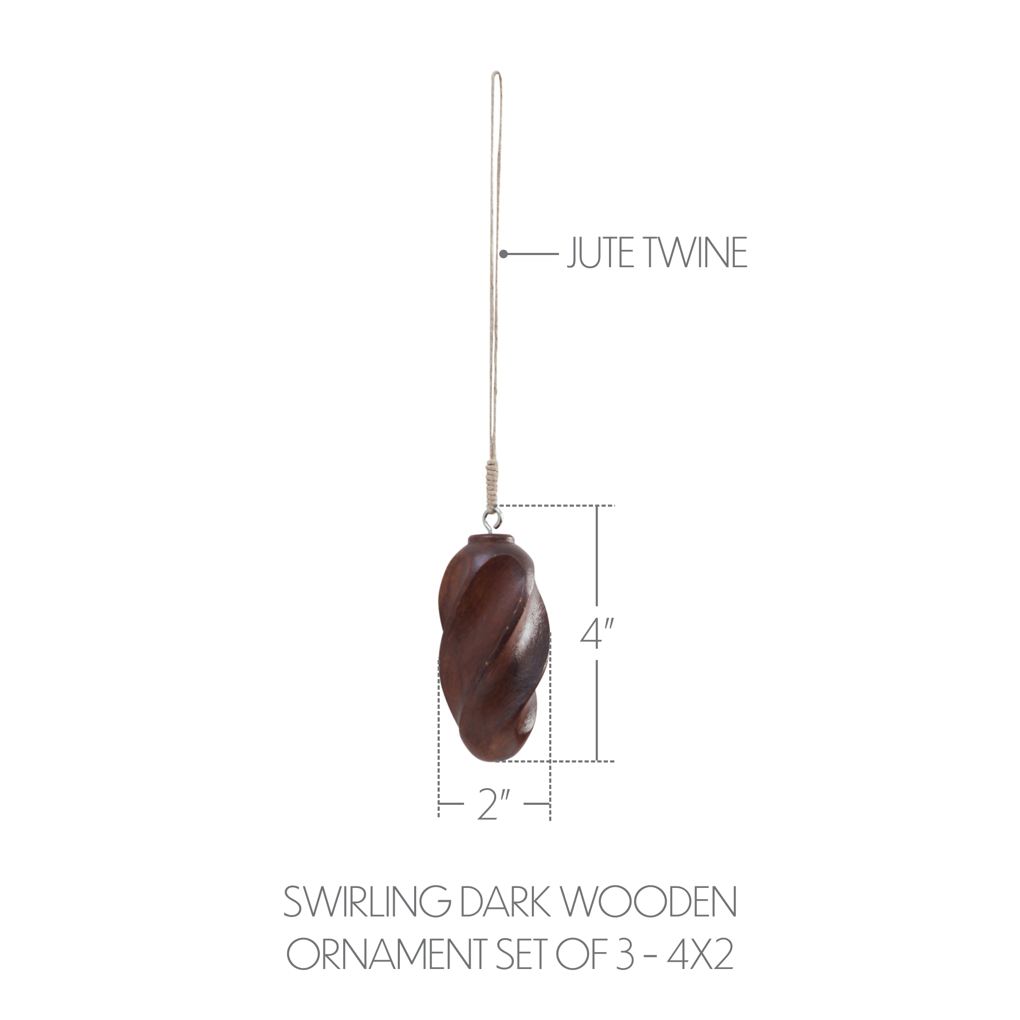 Swirling Dark Wooden Ornament Set of 3 - 4 inch