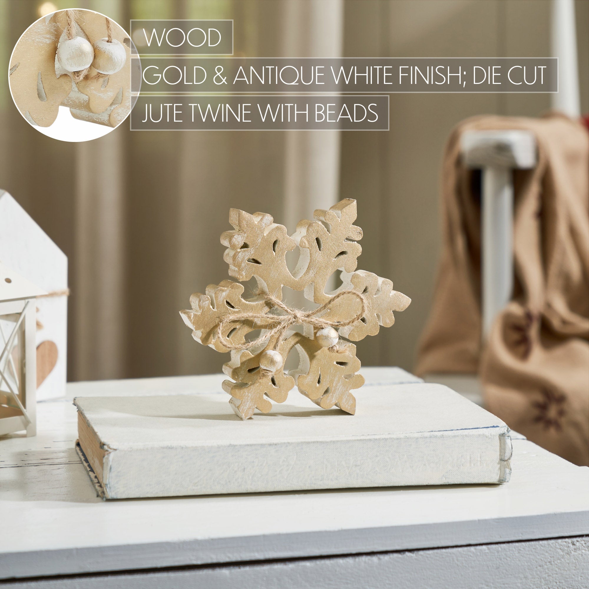 Yuletide Glow Brushed Gold Wooden Snowflake 5.75x5.75x1