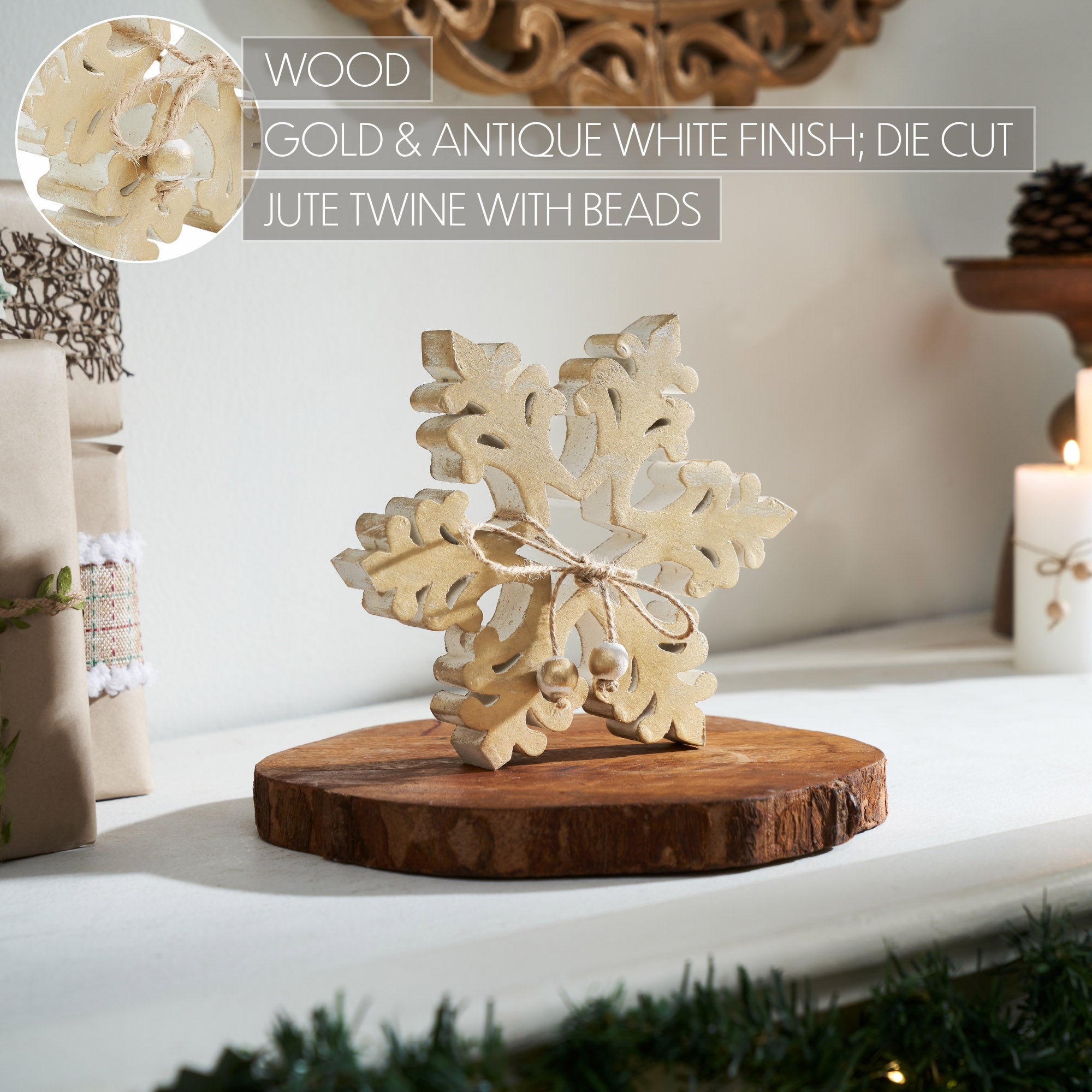 Yuletide Glow Brushed Gold Wooden Snowflake 7.75x7.75x1
