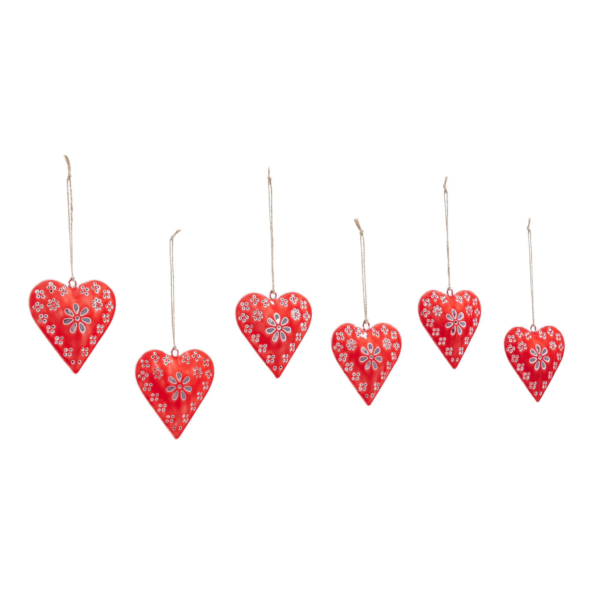 Floral Eyelet Heart Metal Ornament Set of 6 - 4 inch