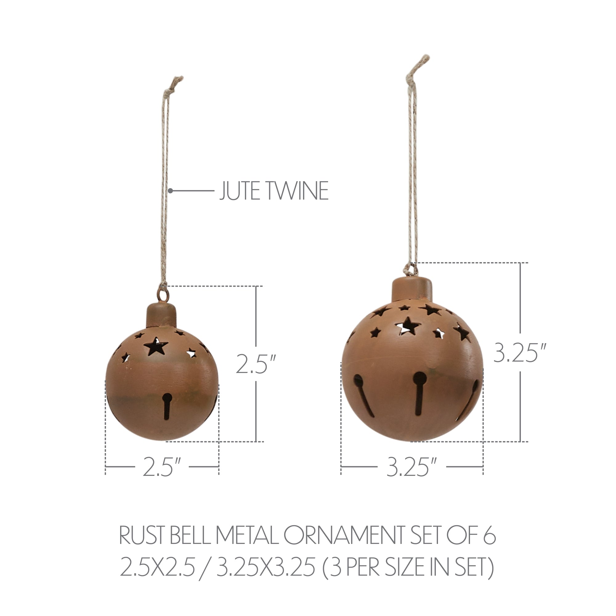 Rust Bell Metal Ornament Set of 6 - 2.5/3.25 inch