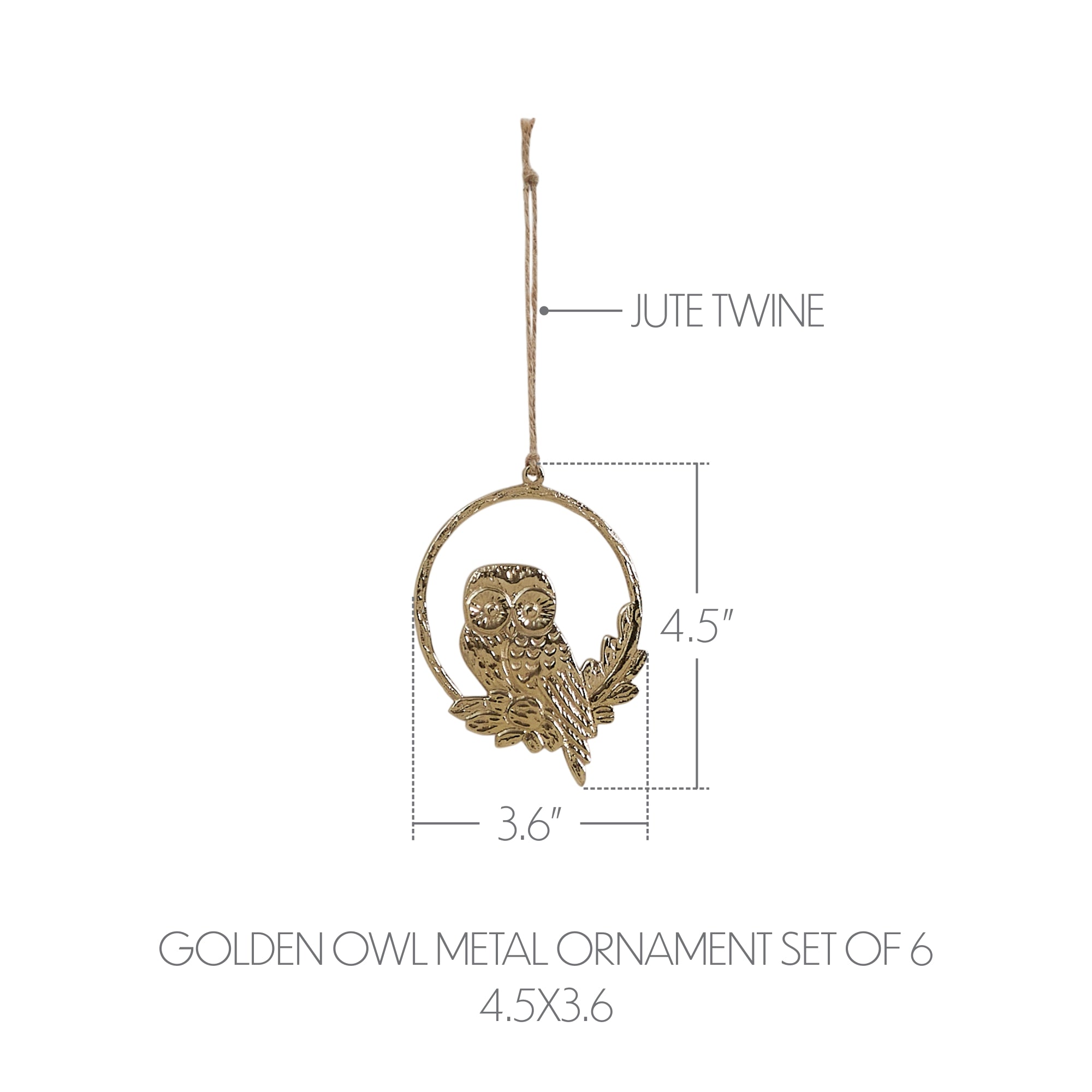 Golden Owl Metal Ornament Set of 6 - 4.5 inch