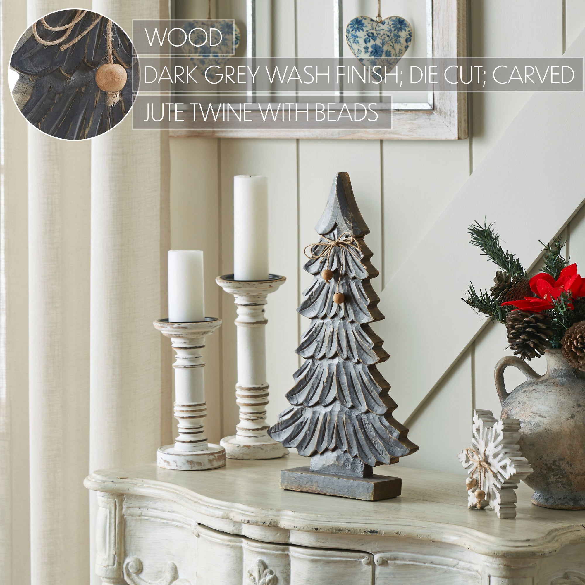 Six-Tiered Pine Distressed Dark Grey Wooden Tree 16.5x9.25x2.5