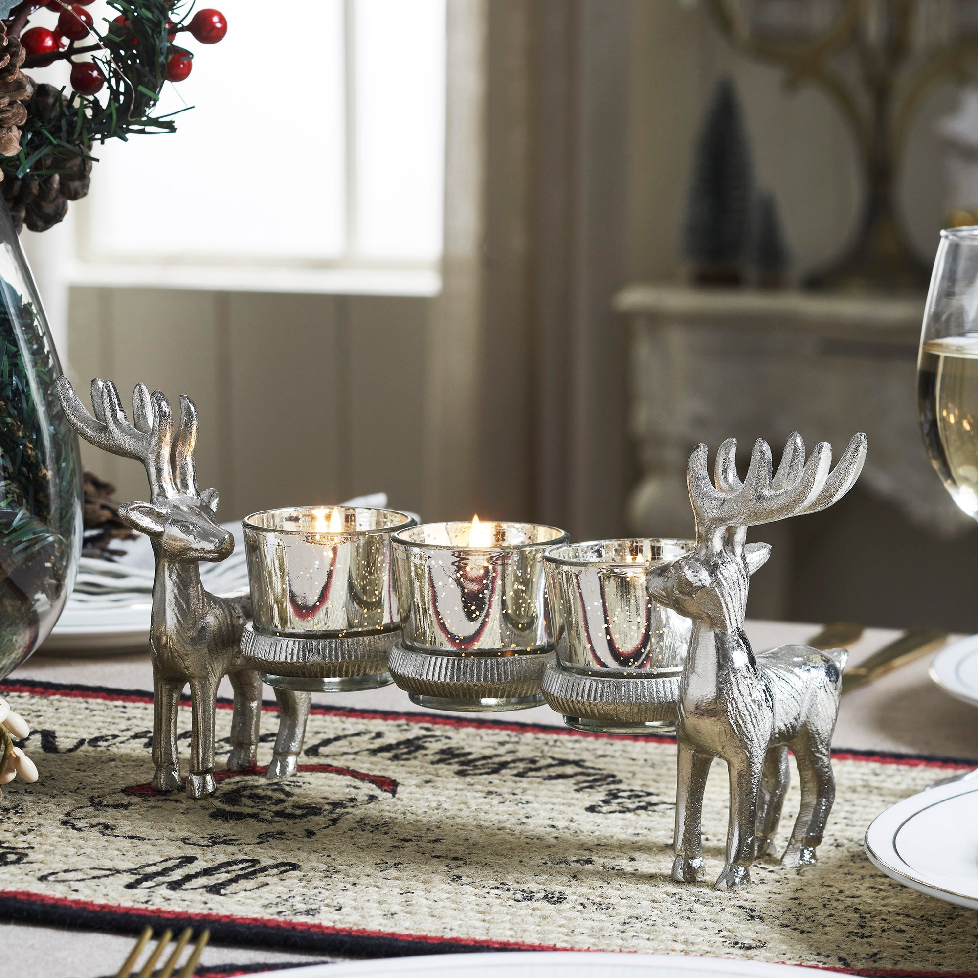 Metal Reindeer Three-Votive Mercury Glass Candle Holder 5.5x13x3.5