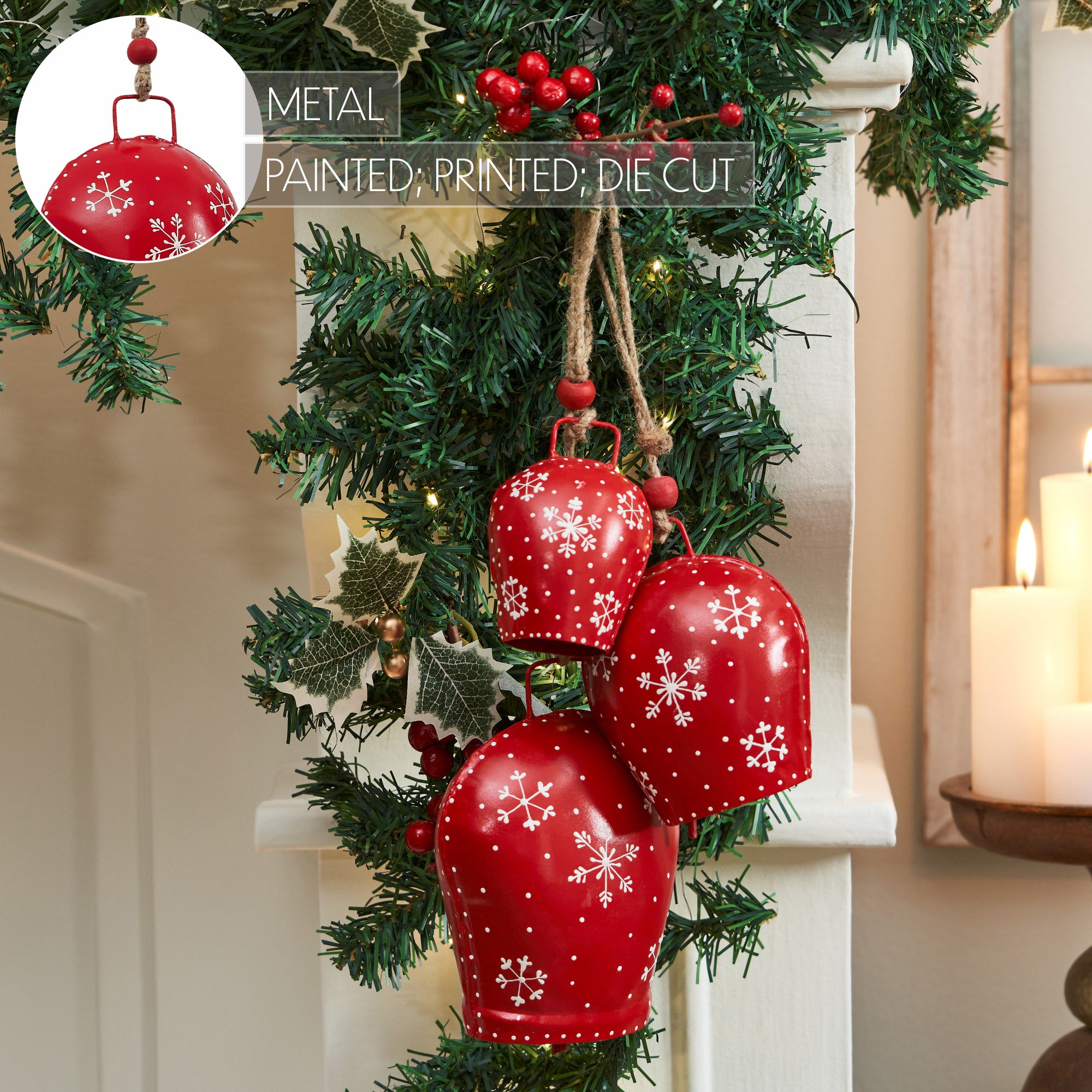 Falling Snowflake Red Metal Bell Set of 3 - 4/5/6.25 inch