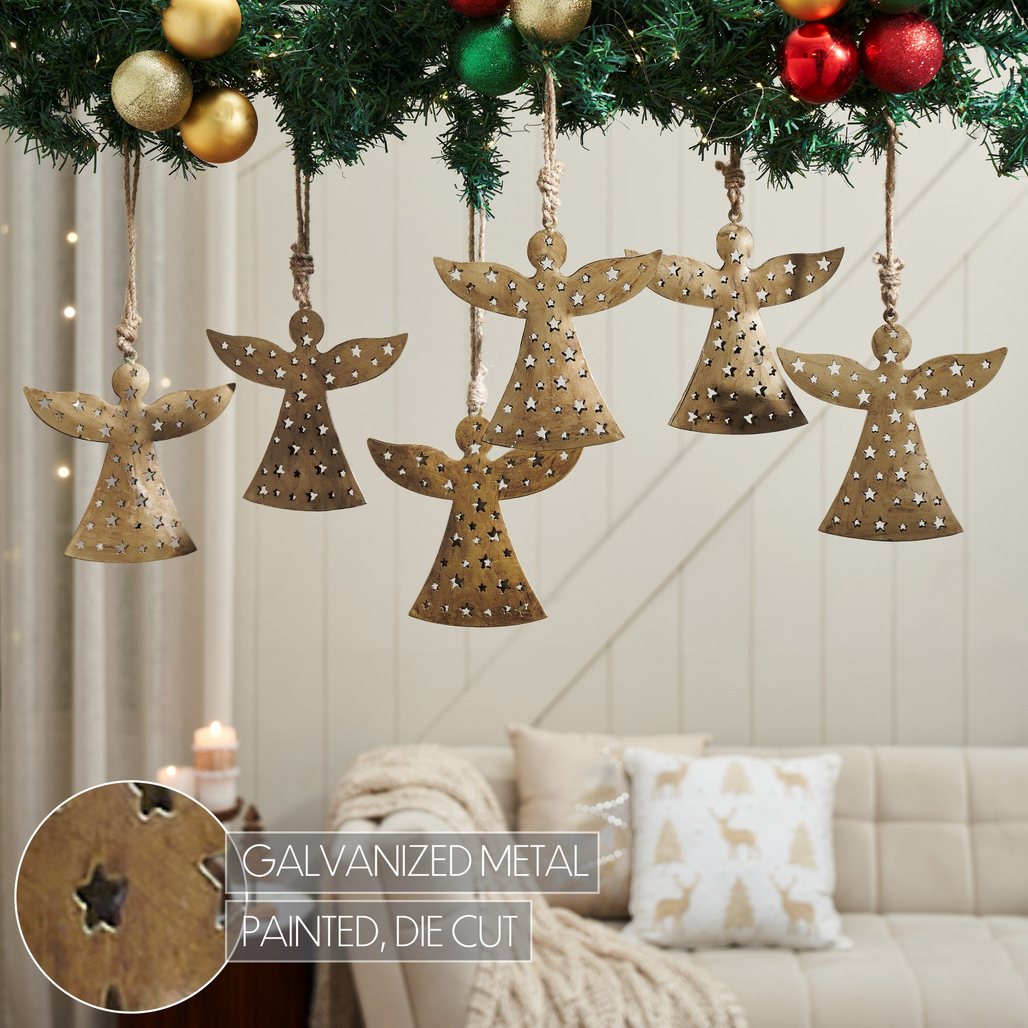 Antique Gold Metal Angel Ornament Set of 6 - 6.5 inch