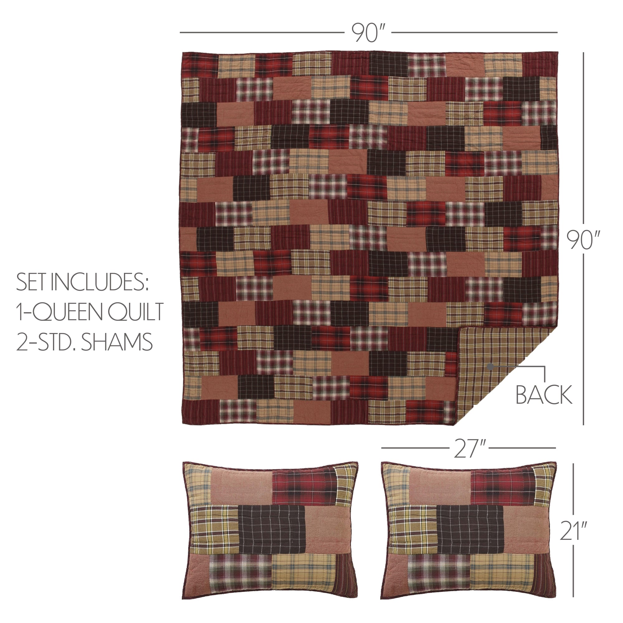 Wyatt Queen Quilt Set; 1-Quilt 90Wx90L w/2 Shams 21x27 5pc Bundle (Quilt-Shams, Euro Shams)