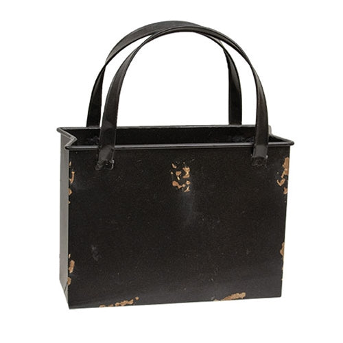 Distressed Black Metal Tote Bag with Handles - 8" x 10"