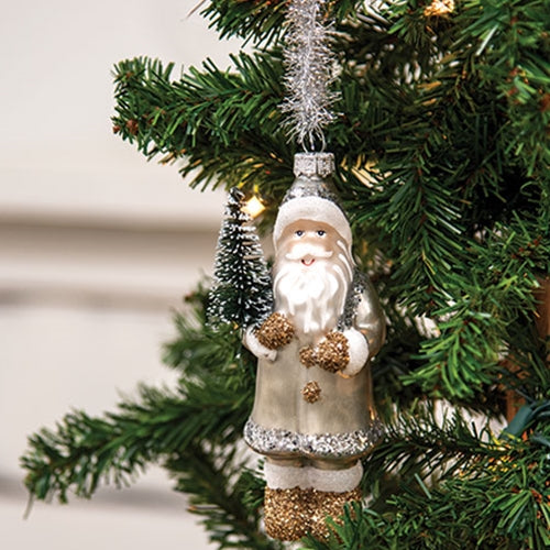 Vintage Silver and Gold Glass Santa Ornament