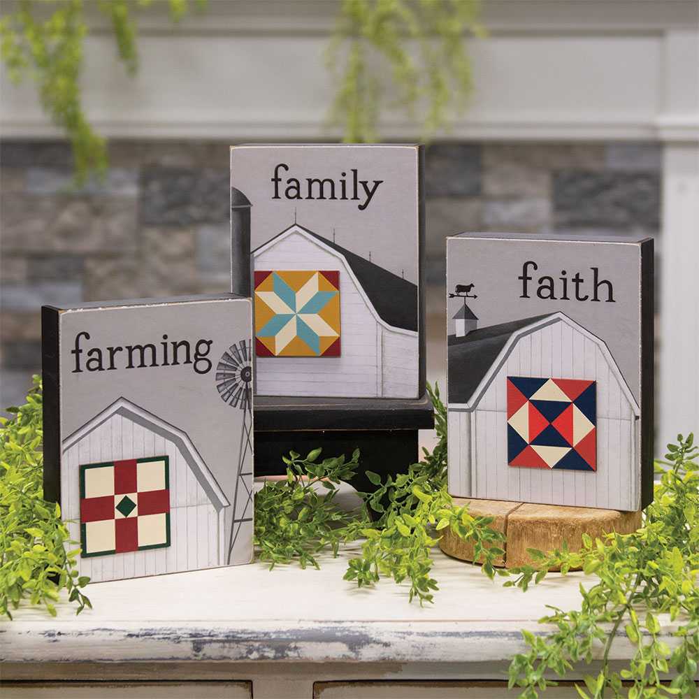 Faith, Family, Farming Quilt Star Box Sign  (3 Count Assortment)