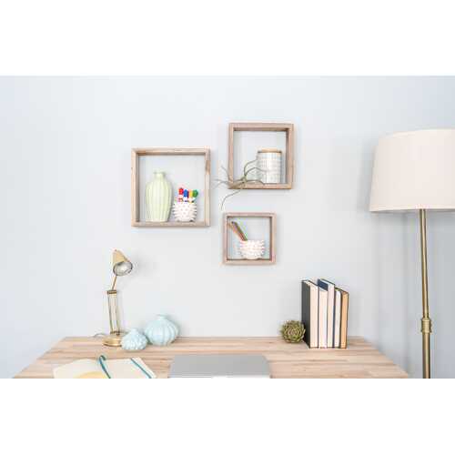 Set of 3 Square Smoky Black Reclaimed Wood Open Box Shelve