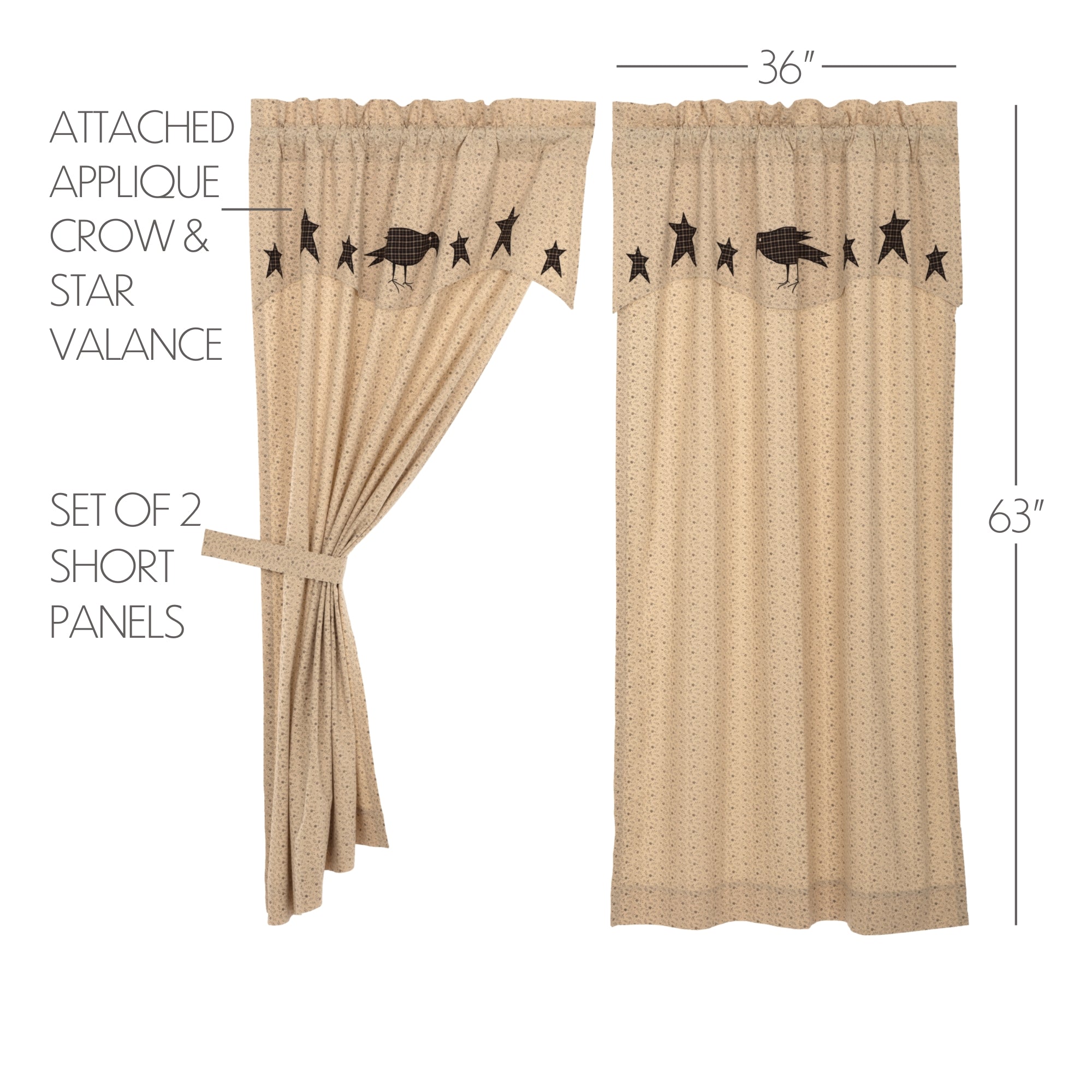 Kettle Grove Short Panel with Attached Applique Crow and Star Valance Set of 2 63x36