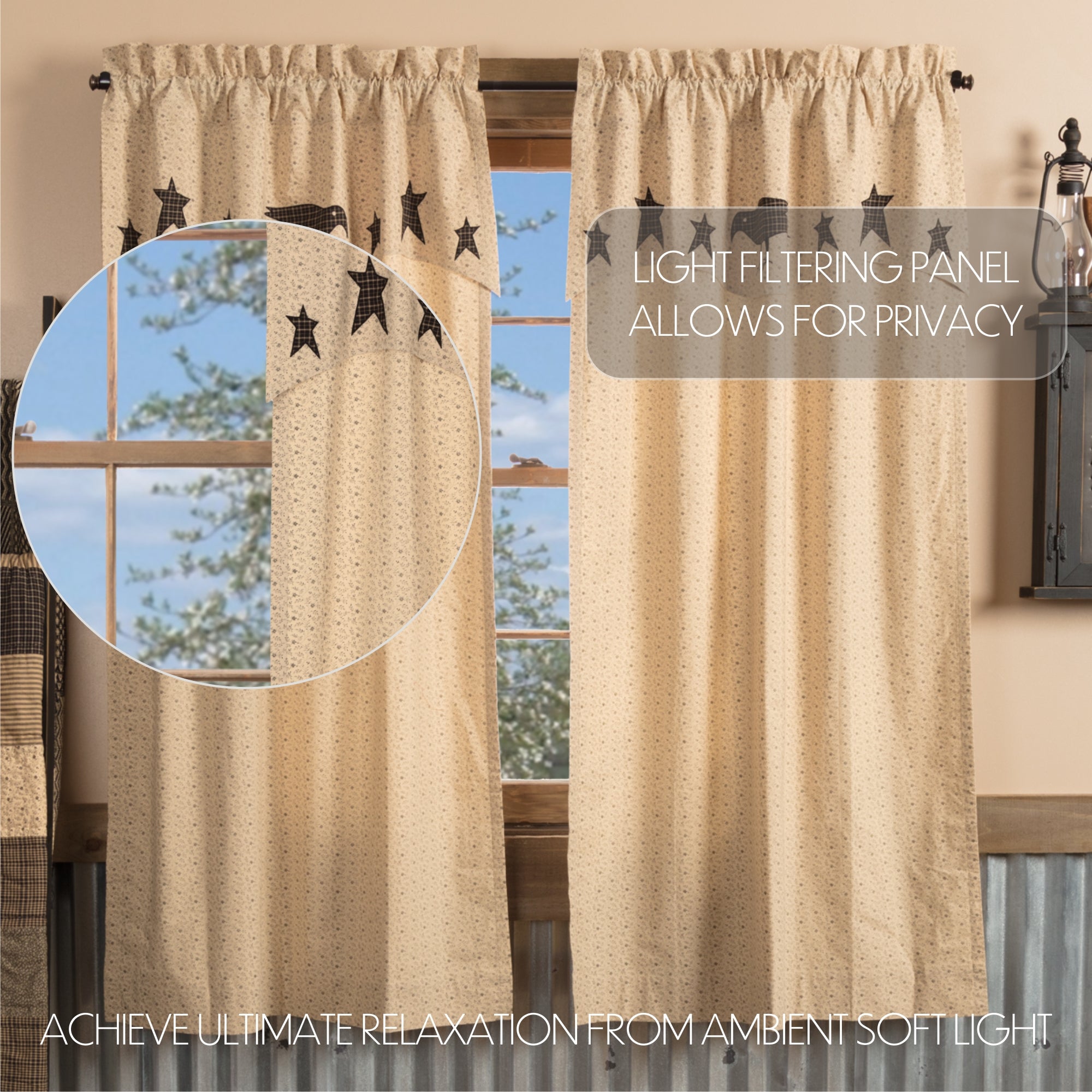 Kettle Grove Short Panel with Attached Applique Crow and Star Valance Set of 2 63x36