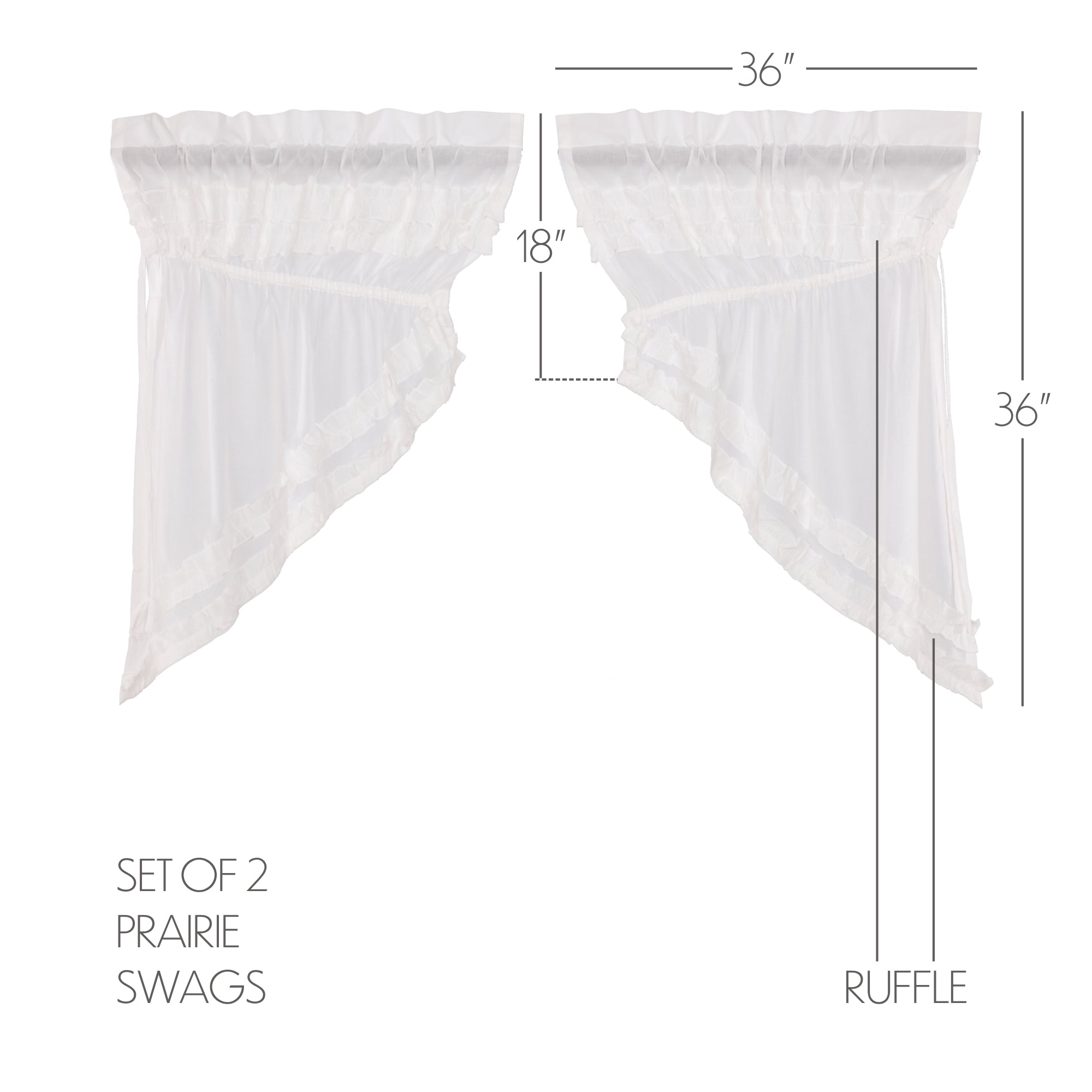 White Ruffled Sheer Petticoat Prairie Swag Set of 2 36x36x18