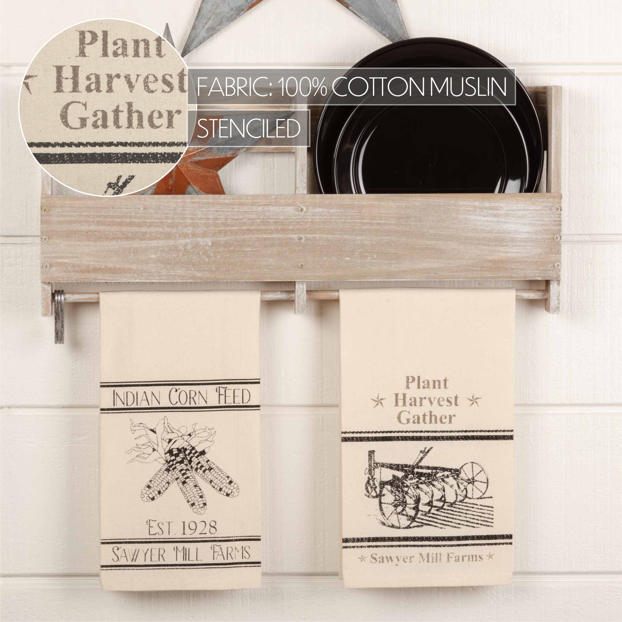 Sawyer Mill Charcoal Plow & Corn Muslin Unbleached Natural Tea Towel Set of 2 19x28