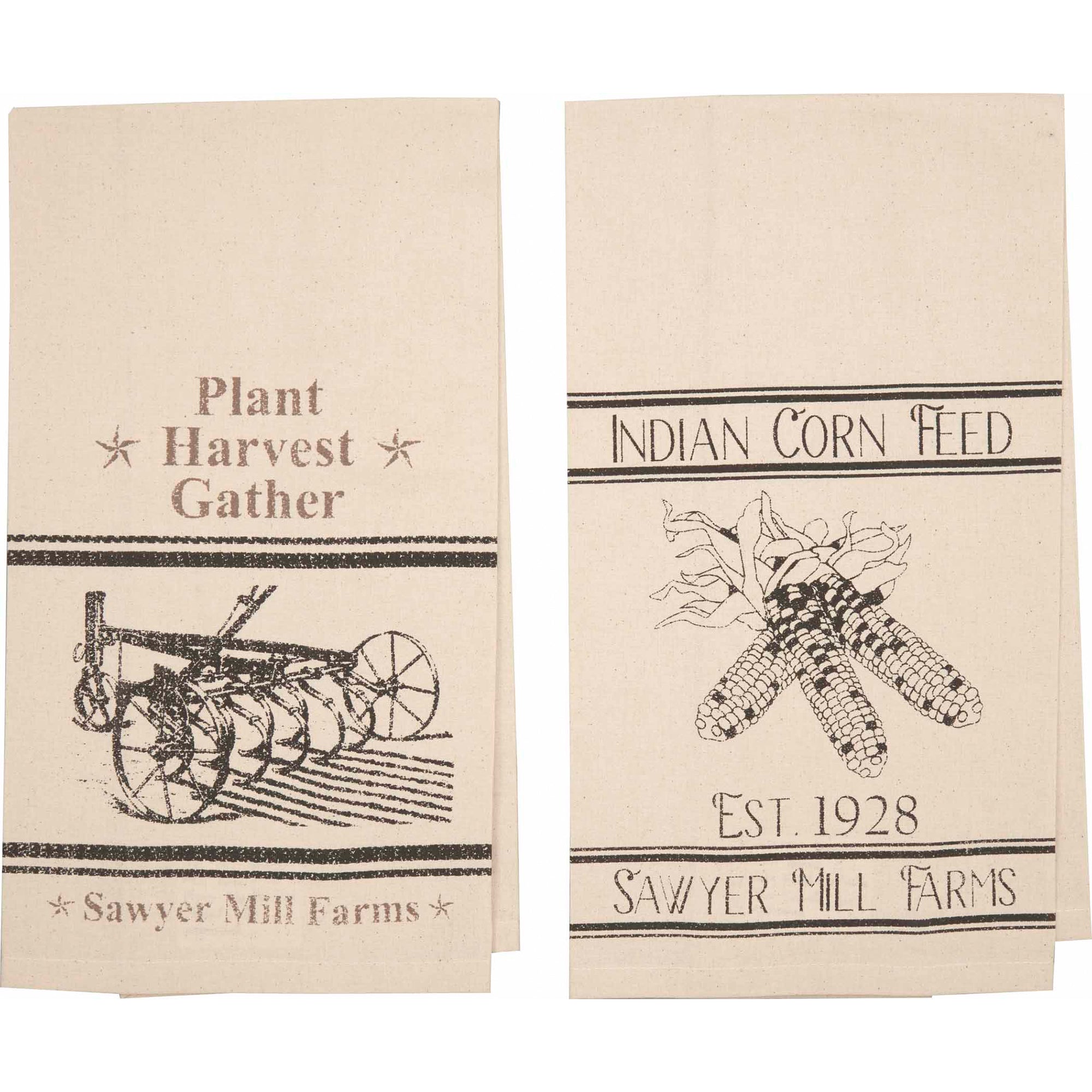 Sawyer Mill Charcoal Plow & Corn Muslin Unbleached Natural Tea Towel Set of 2 19x28