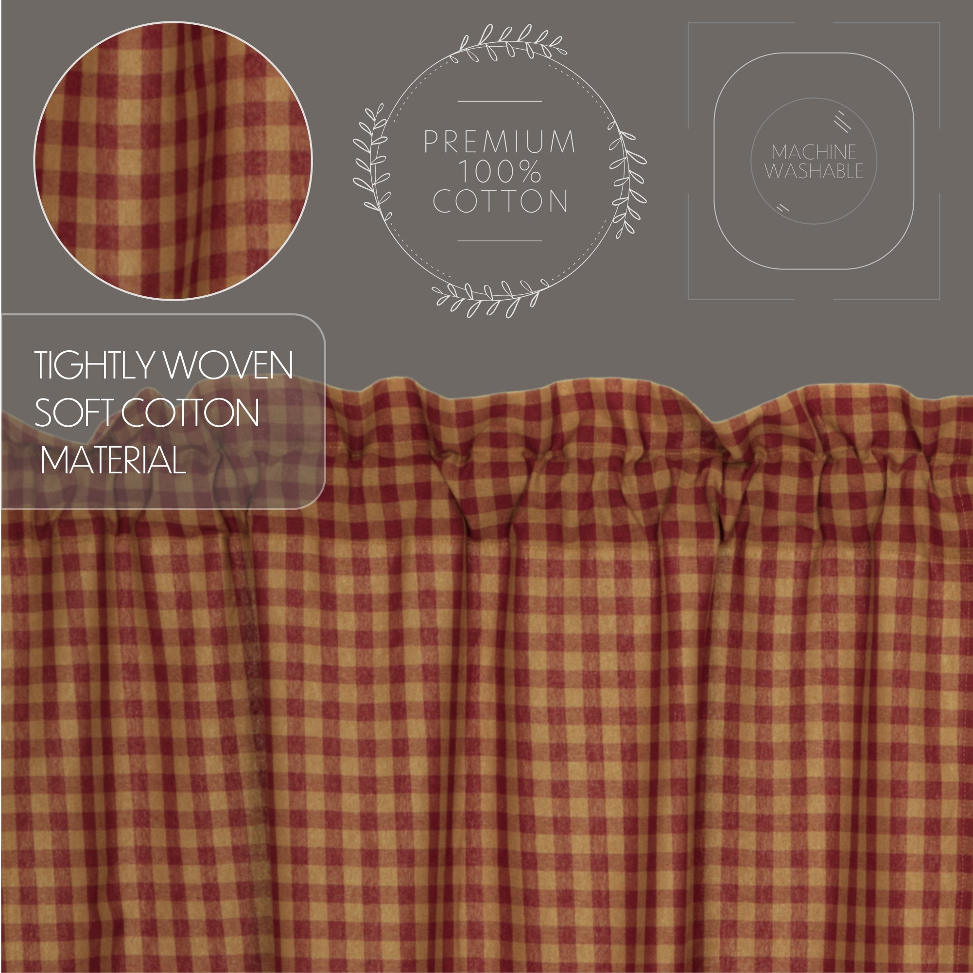 Burgundy Check Scalloped Prairie Swag Set of 2 36x36x18