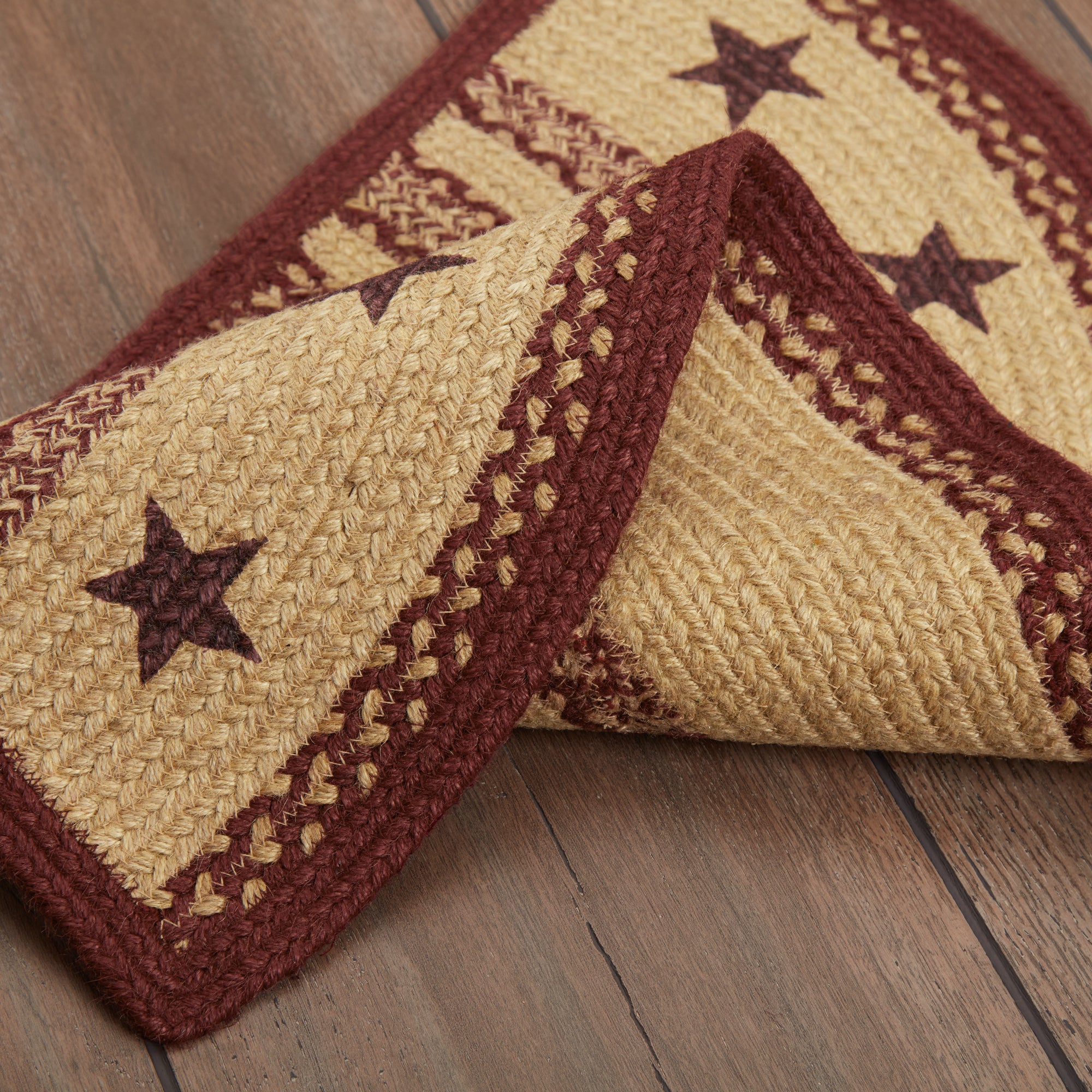 Burgundy Tan Jute Rug Half Circle Stencil Stars w/ Pad 16.5x33