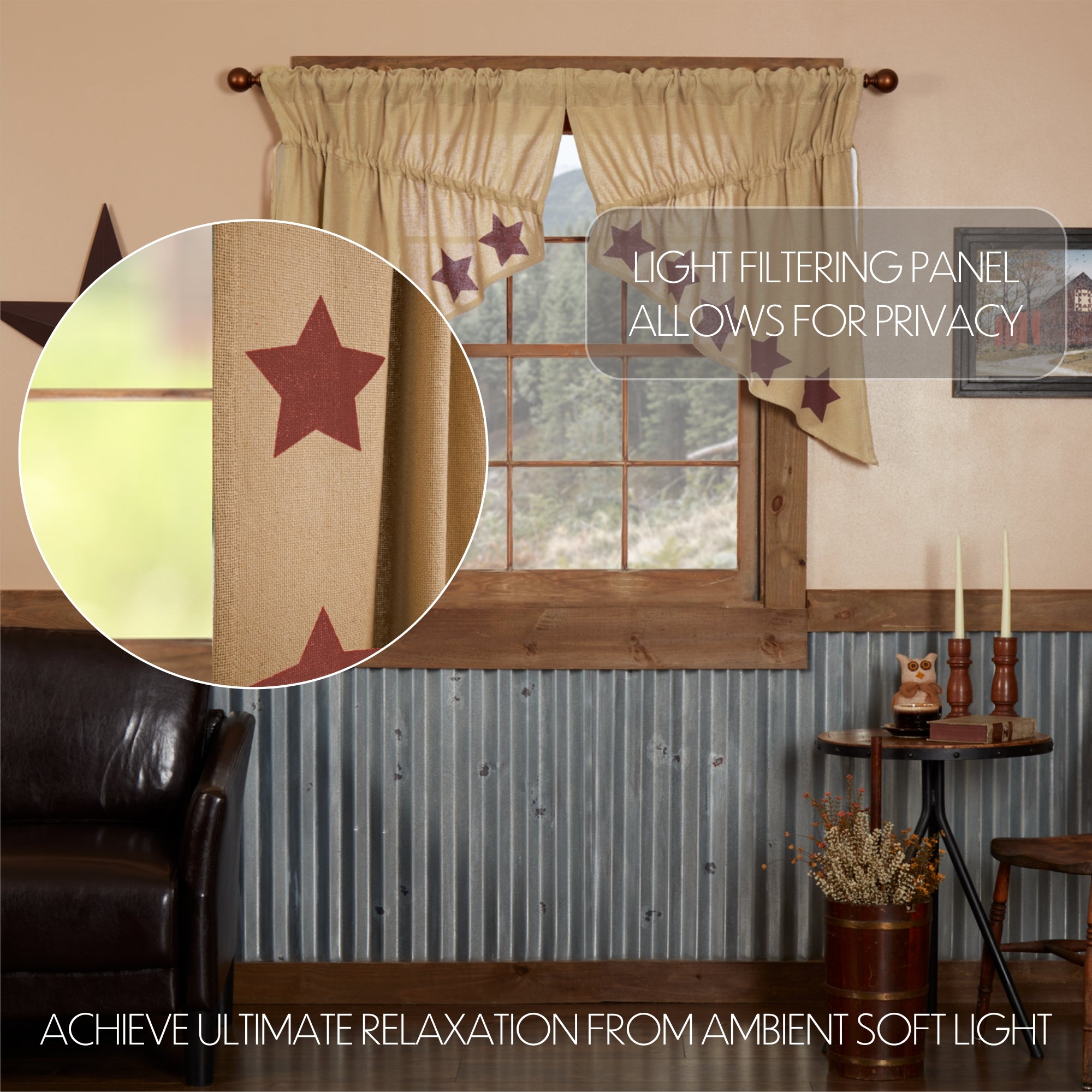 Burlap w/Burgundy Stencil Stars Prairie Swag Set of 2 36x36x18