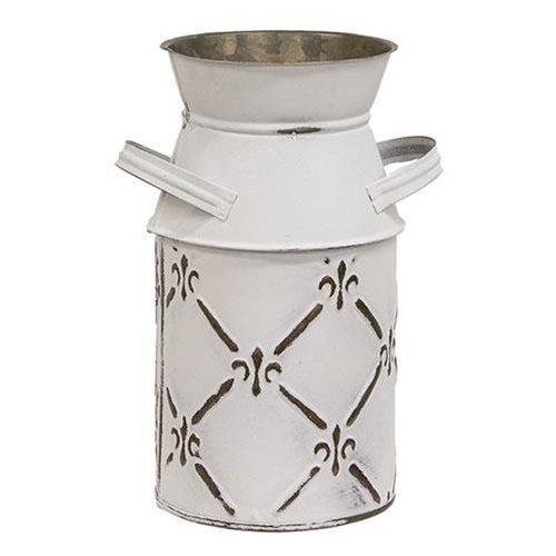 Whitewashed Fleur De Lis Galvanized Milk Can - Small