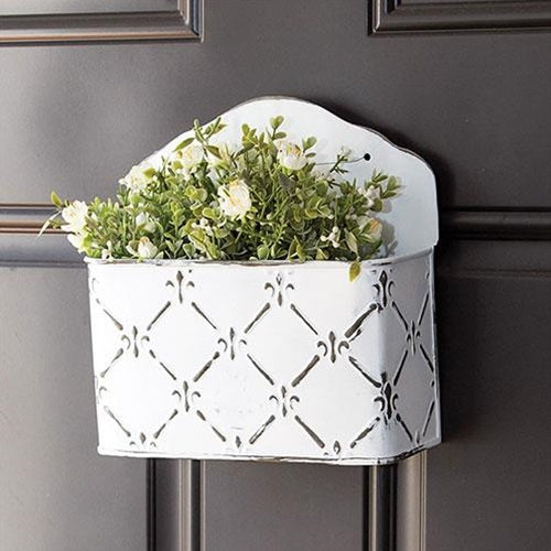 Whitewashed Fleur De Lis Galvanized Mail Bin